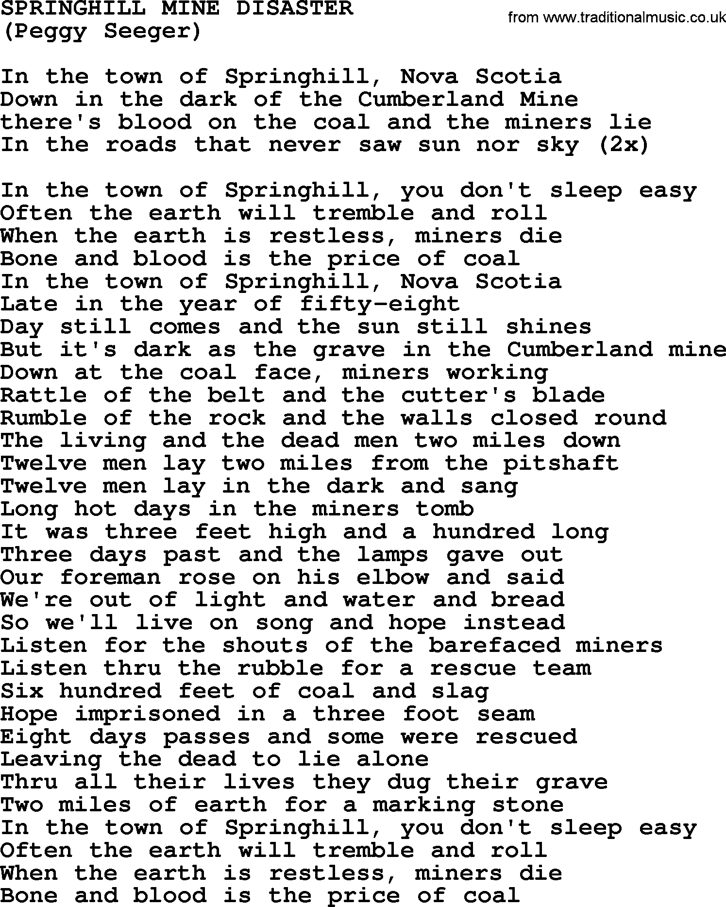 The Byrds song Springhill Mine Disaster, lyrics