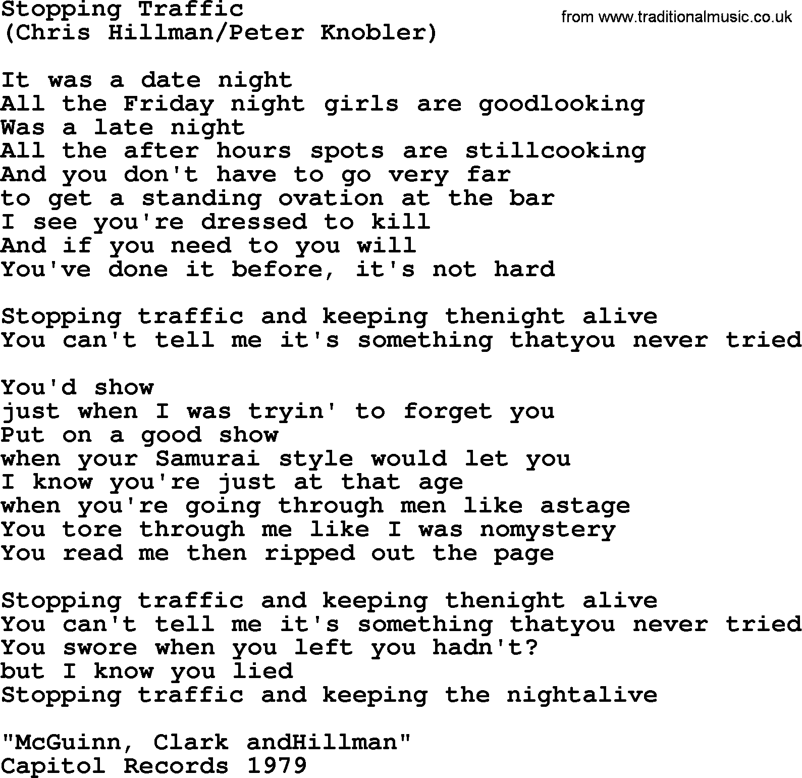 The Byrds song Stopping Traffic, lyrics