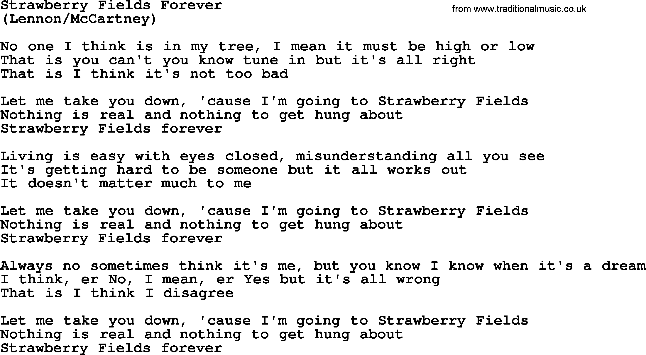 The Byrds song Strawberry Fields Forever, lyrics