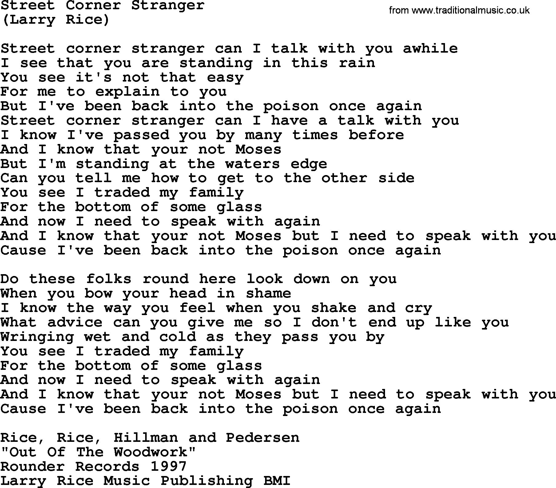 The Byrds song Street Corner Stranger, lyrics