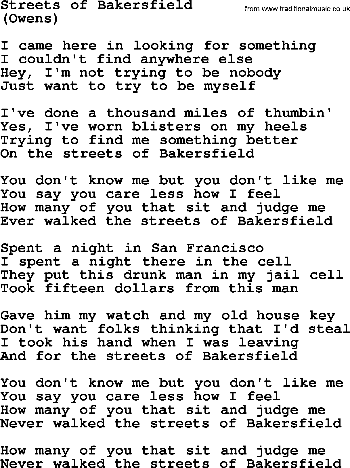The Byrds song Streets Of Bakersfield, lyrics