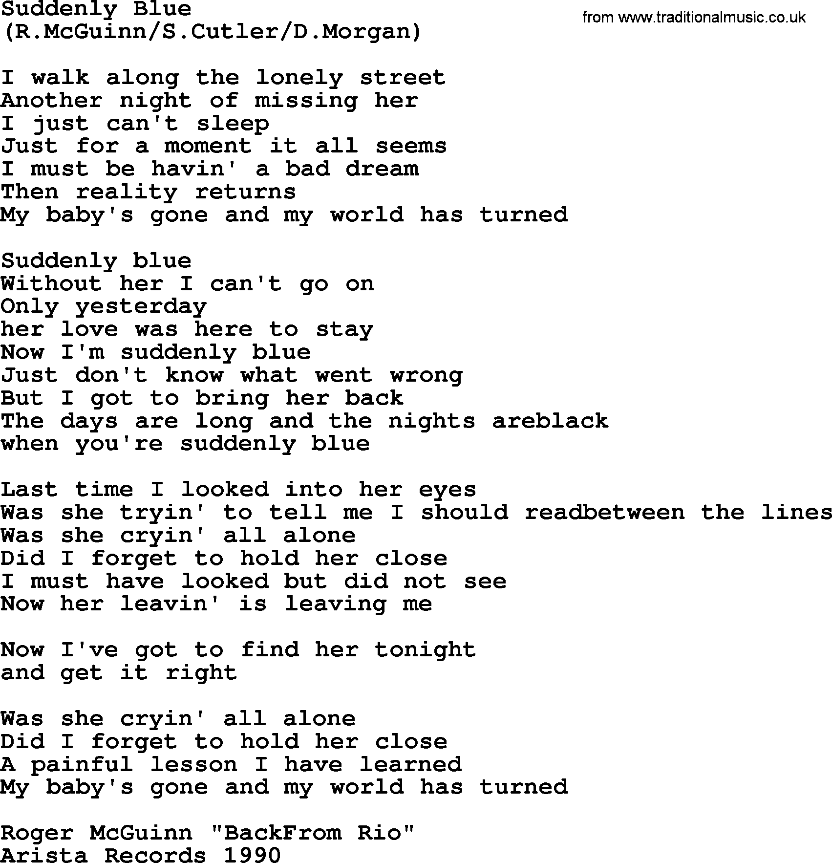 The Byrds song Suddenly Blue, lyrics