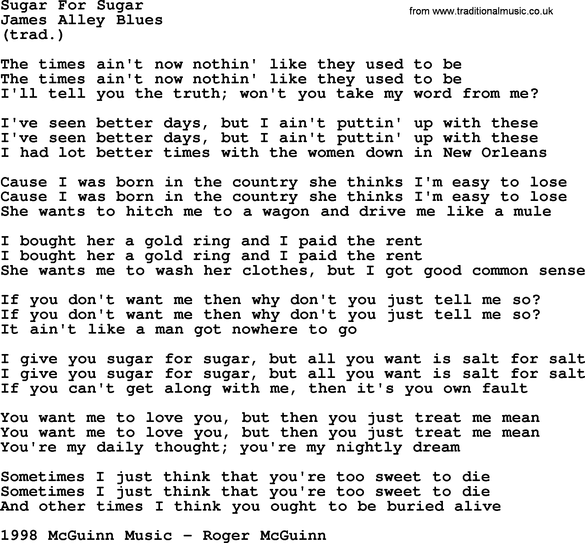 The Byrds song Sugar For Sugar, lyrics