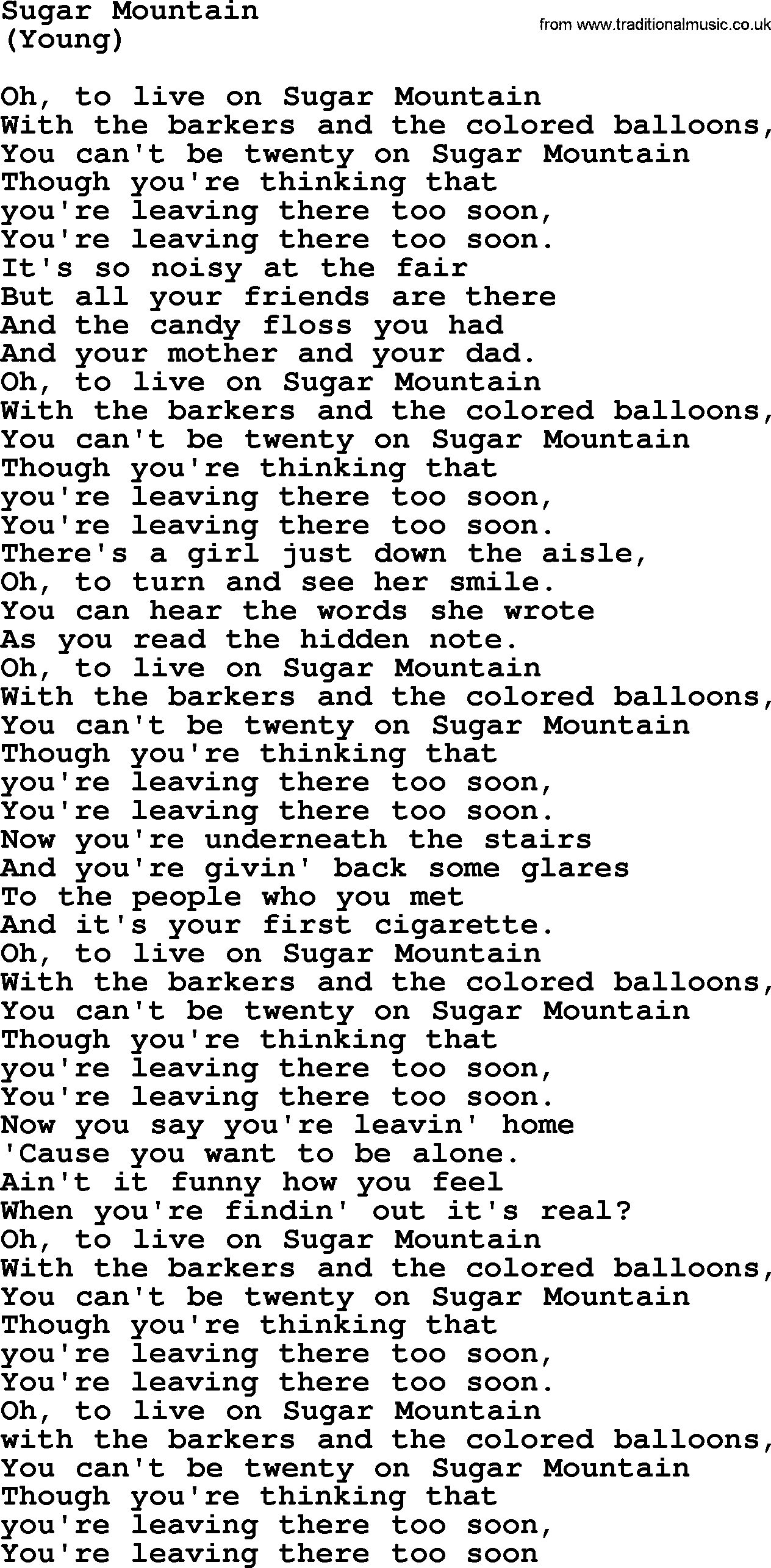 The Byrds song Sugar Mountain, lyrics