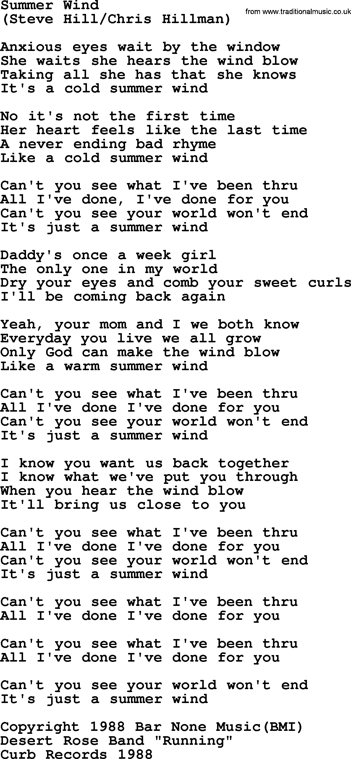 The Byrds song Summer Wind, lyrics