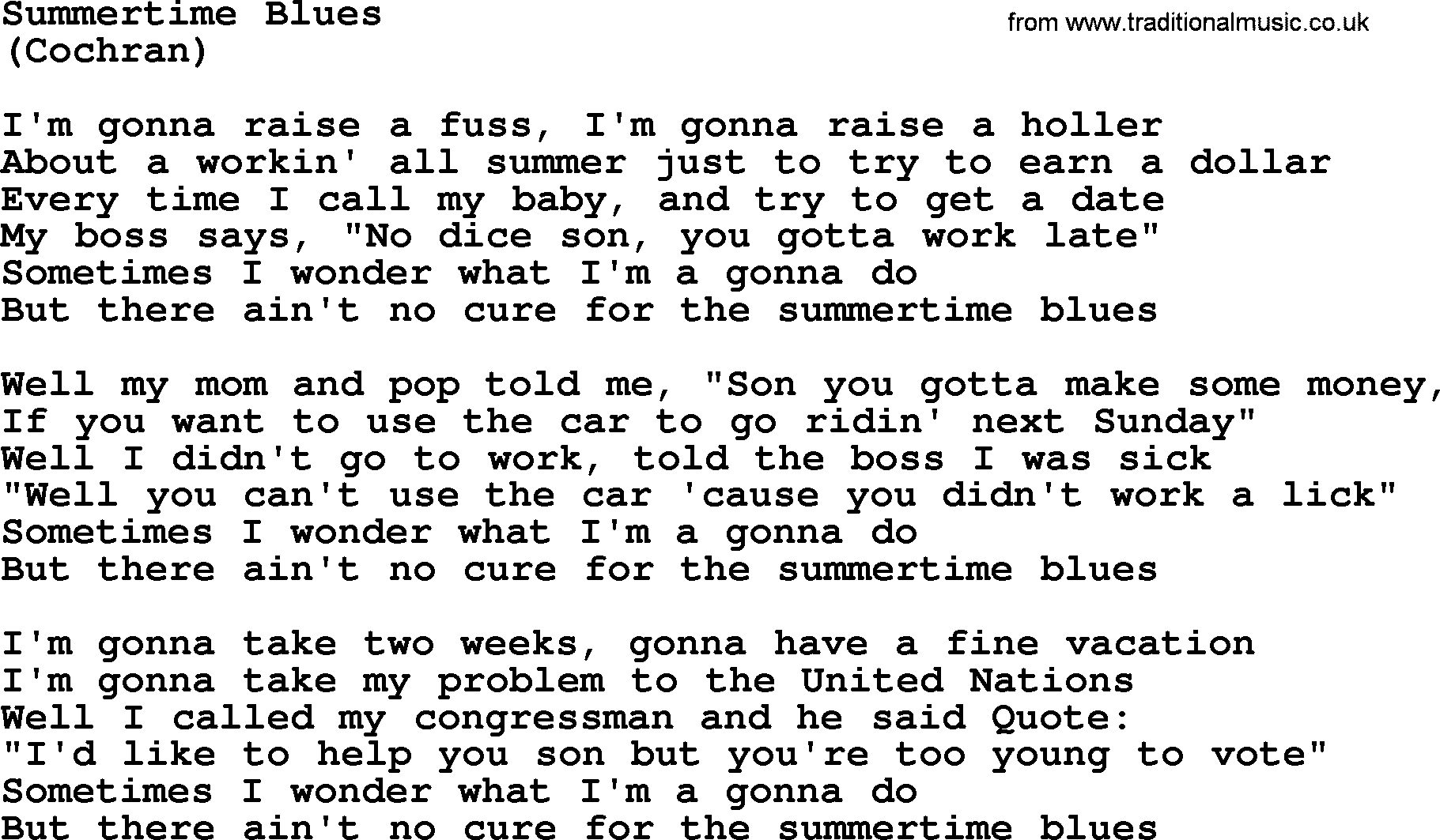 The Byrds song Summertime Blues, lyrics