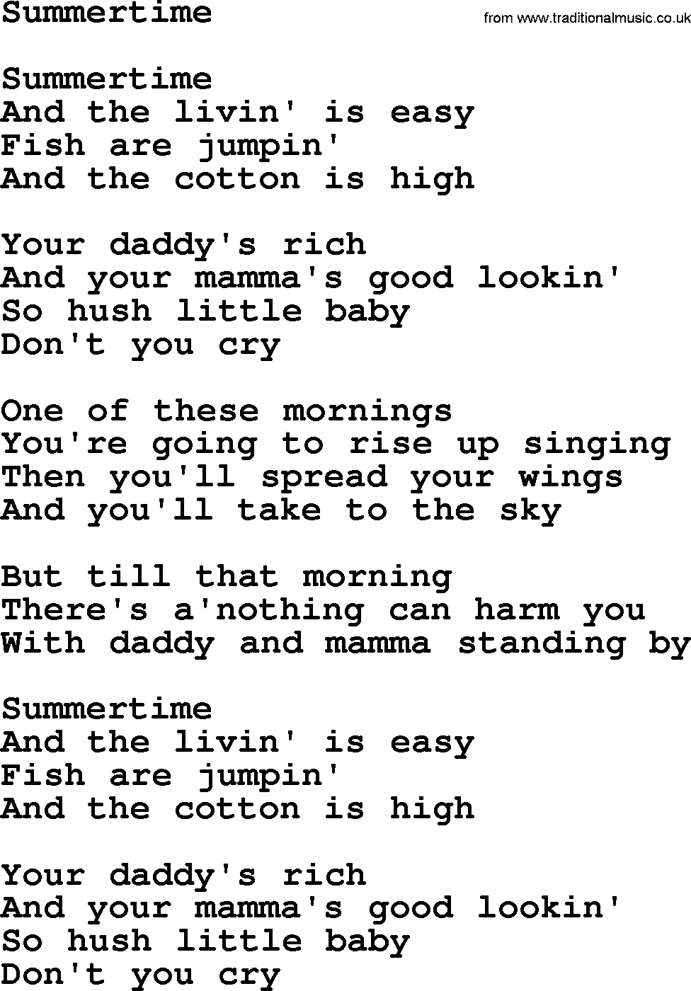 The Byrds song Summertime, lyrics