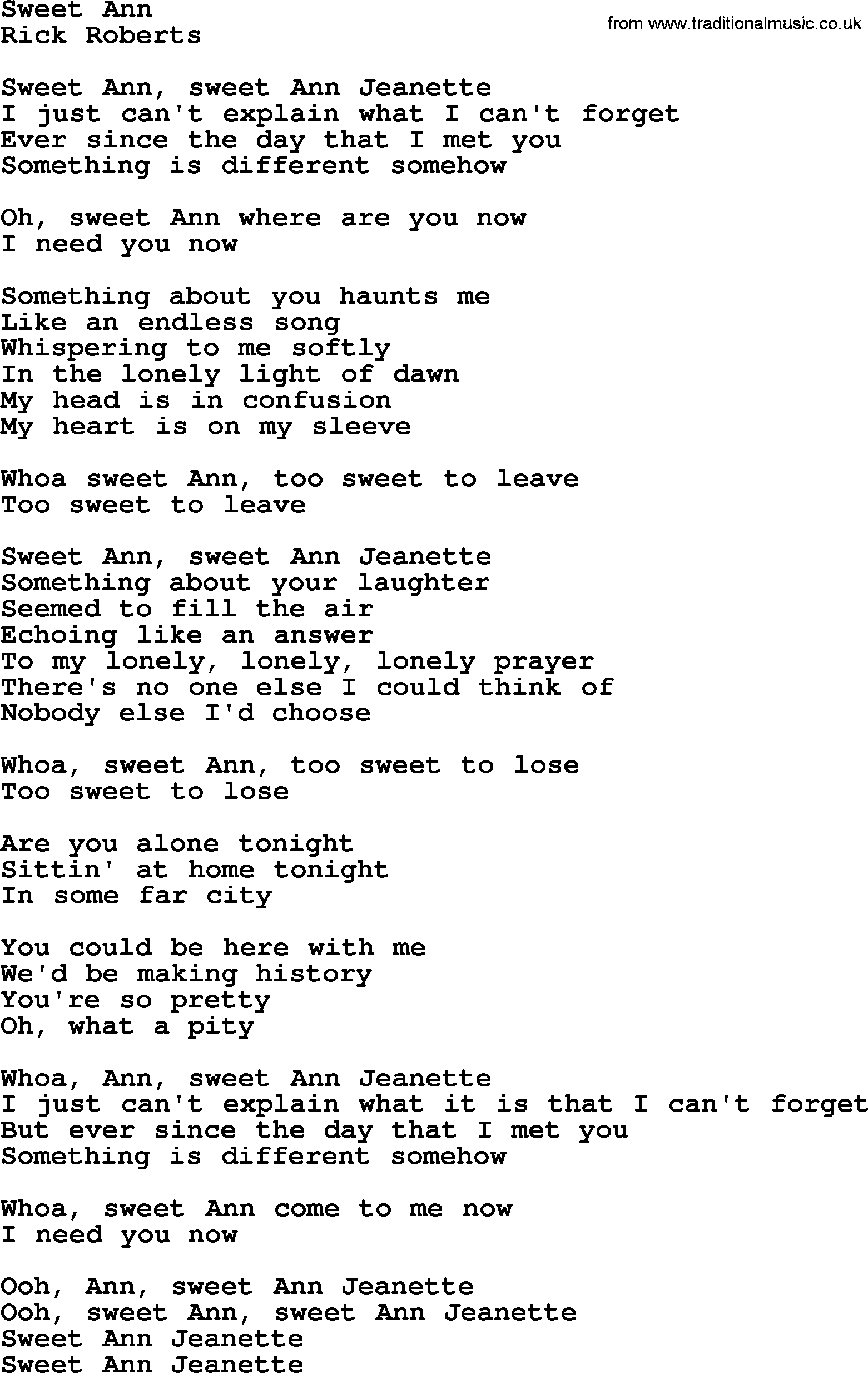 The Byrds song Sweet Ann, lyrics