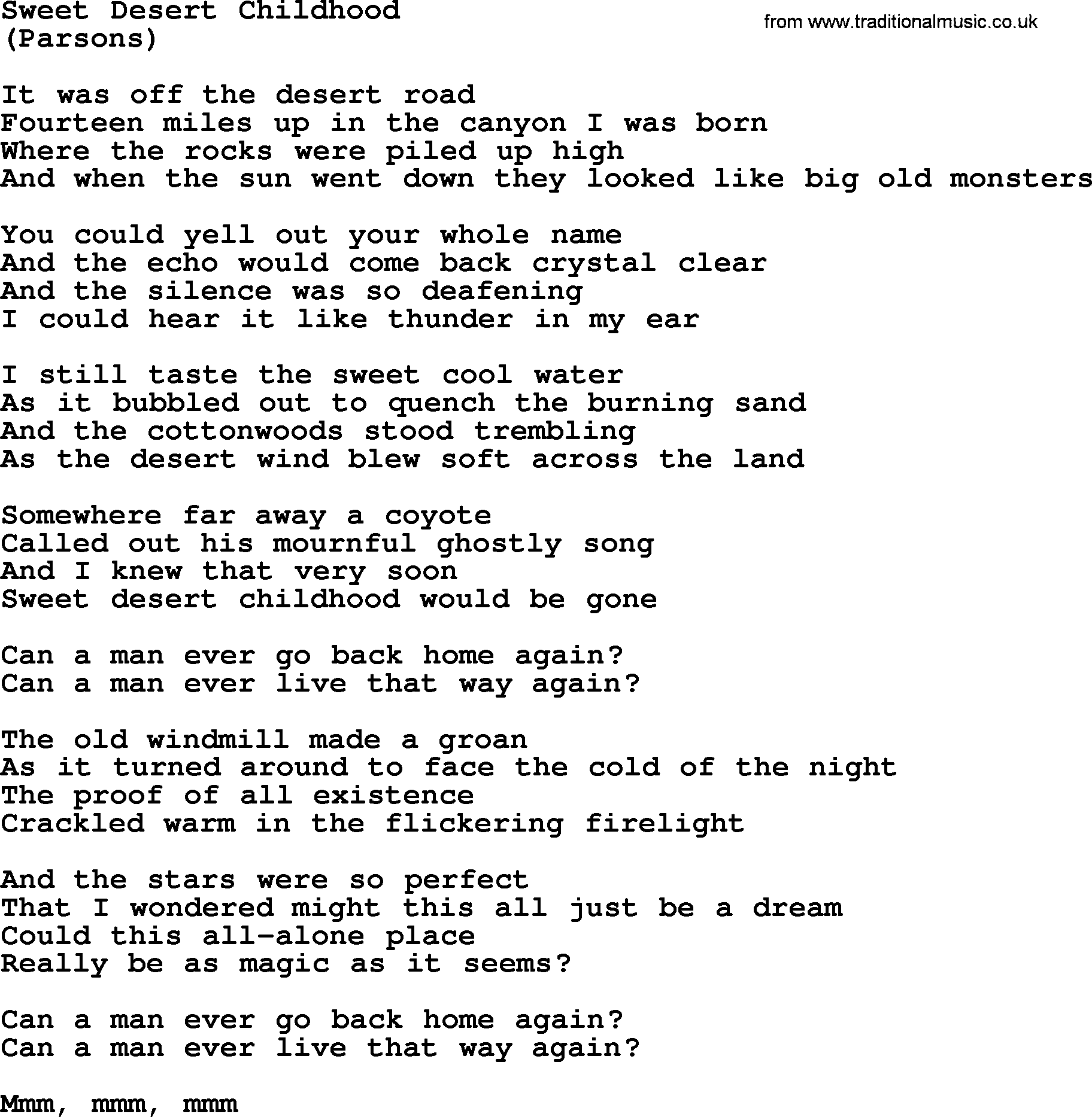 The Byrds song Sweet Desert Childhood, lyrics
