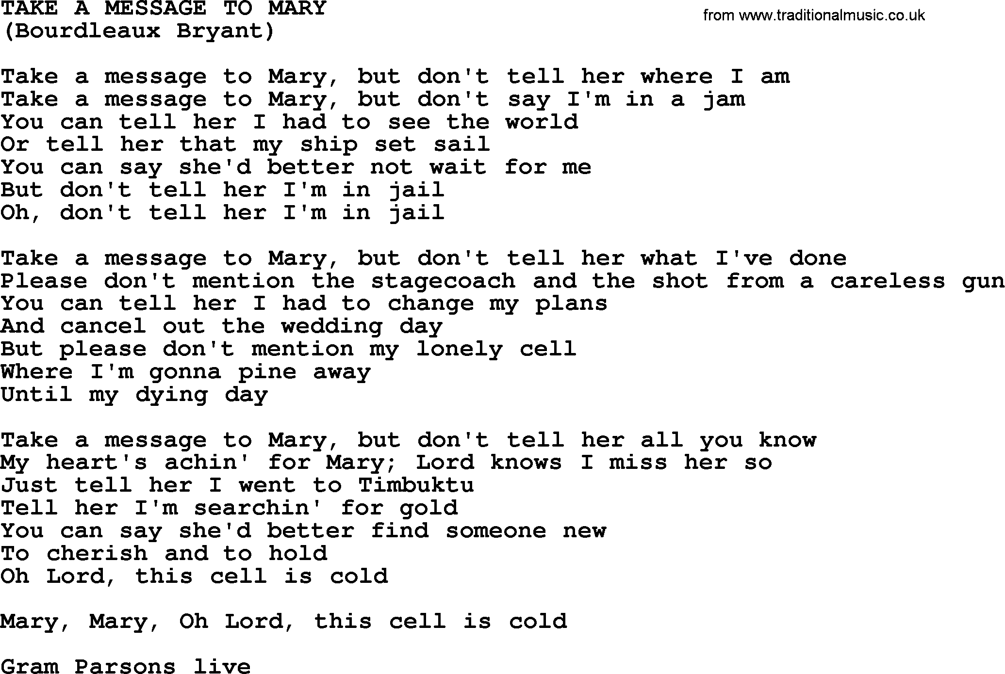 The Byrds song Take A Message To Mary, lyrics