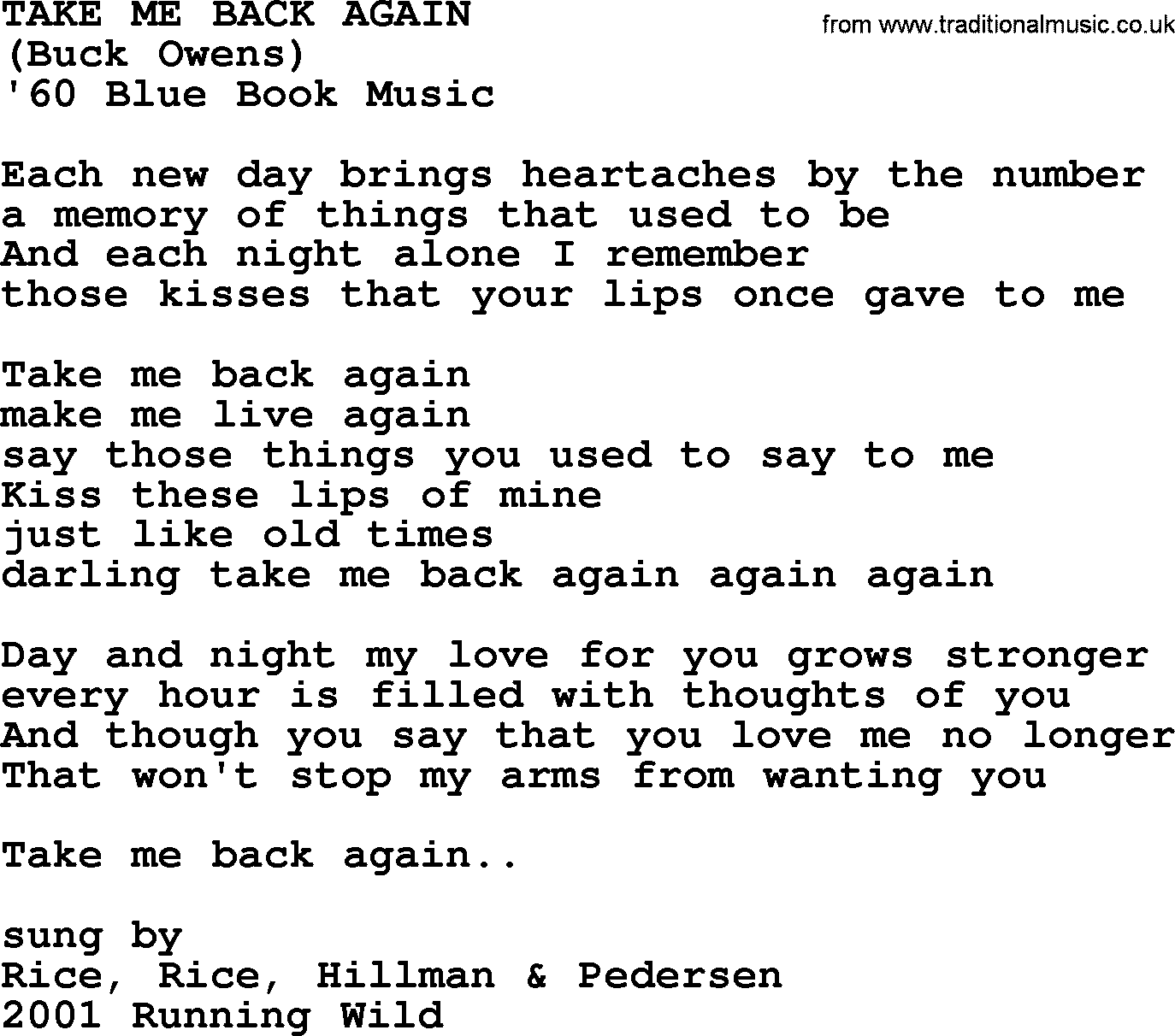 The Byrds song Take Me Back Again, lyrics