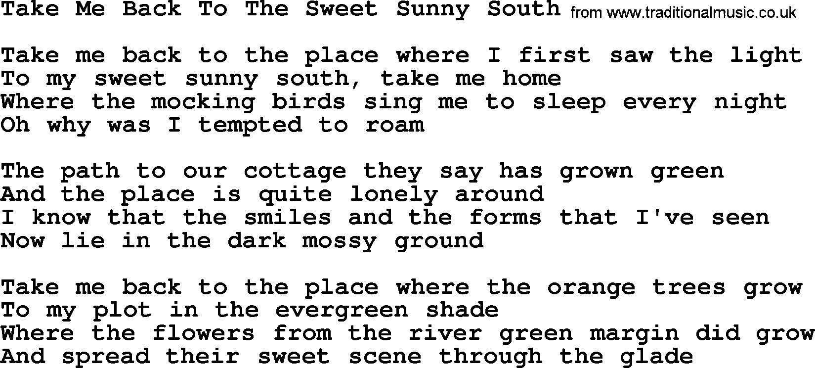 The Byrds song Take Me Back To The Sweet Sunny South, lyrics