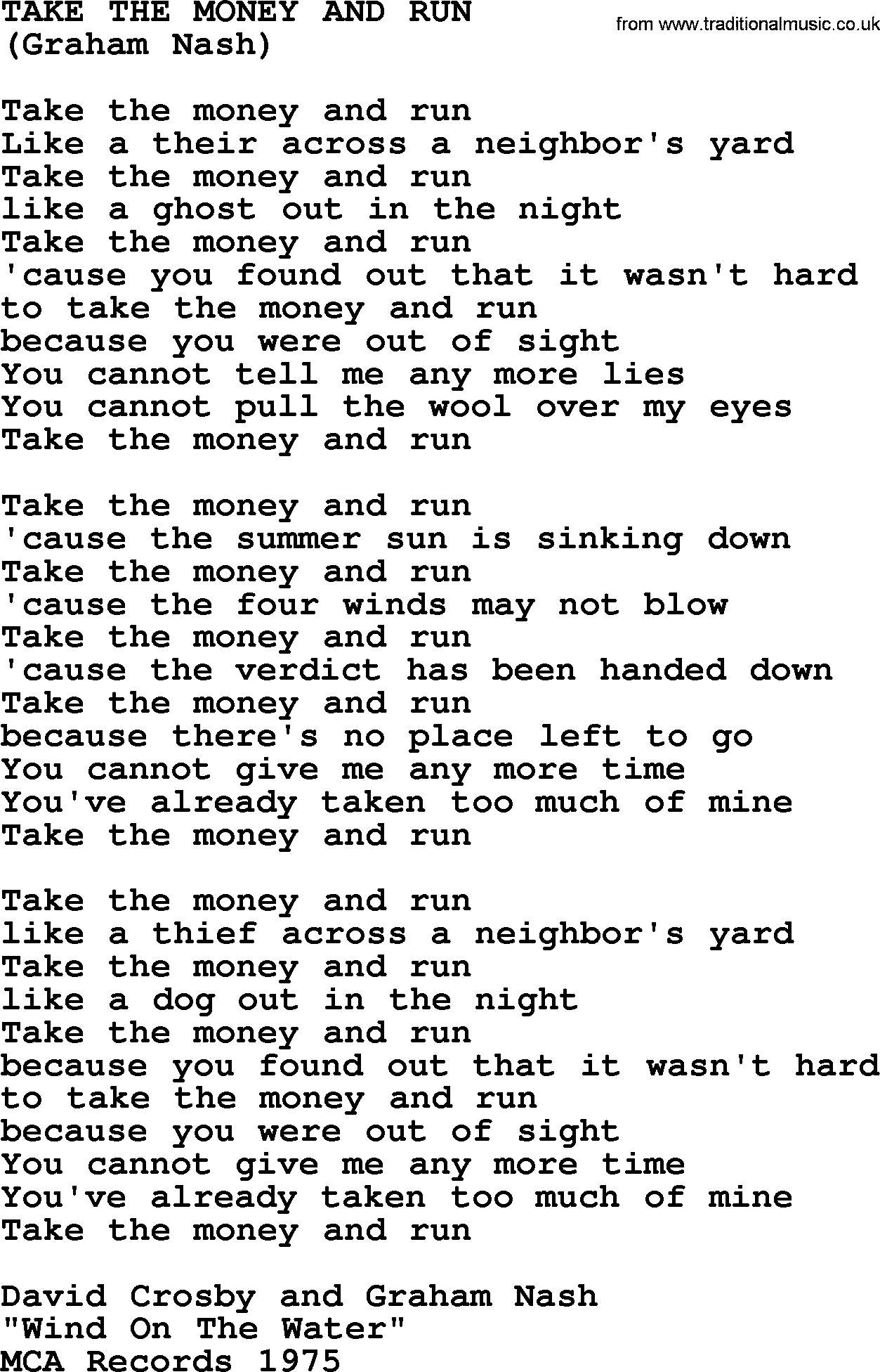 The Byrds song Take The Money And Run, lyrics