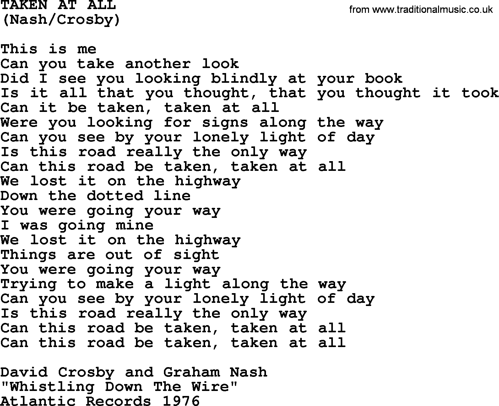The Byrds song Taken At All, lyrics
