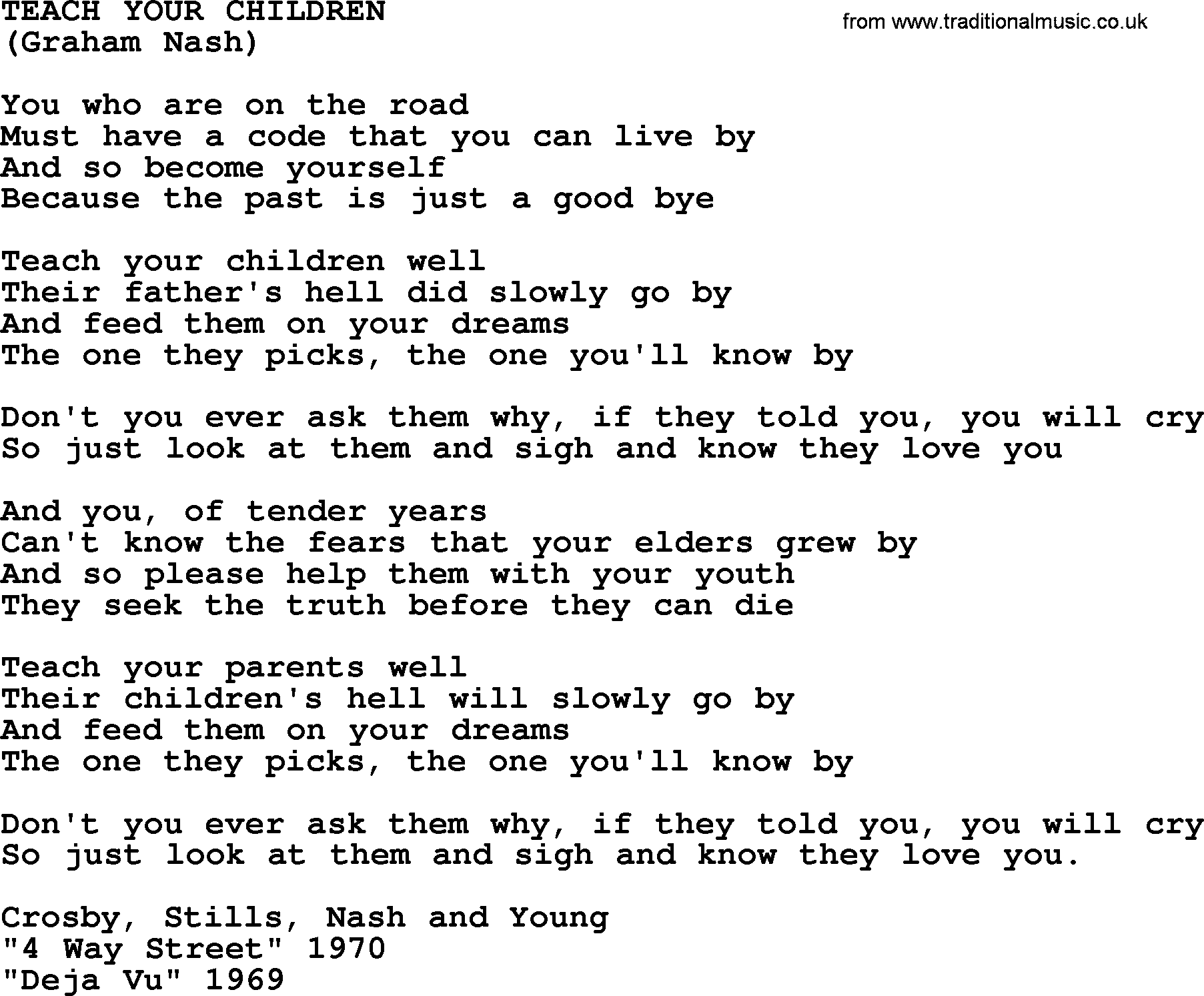 The Byrds song Teach Your Children, lyrics