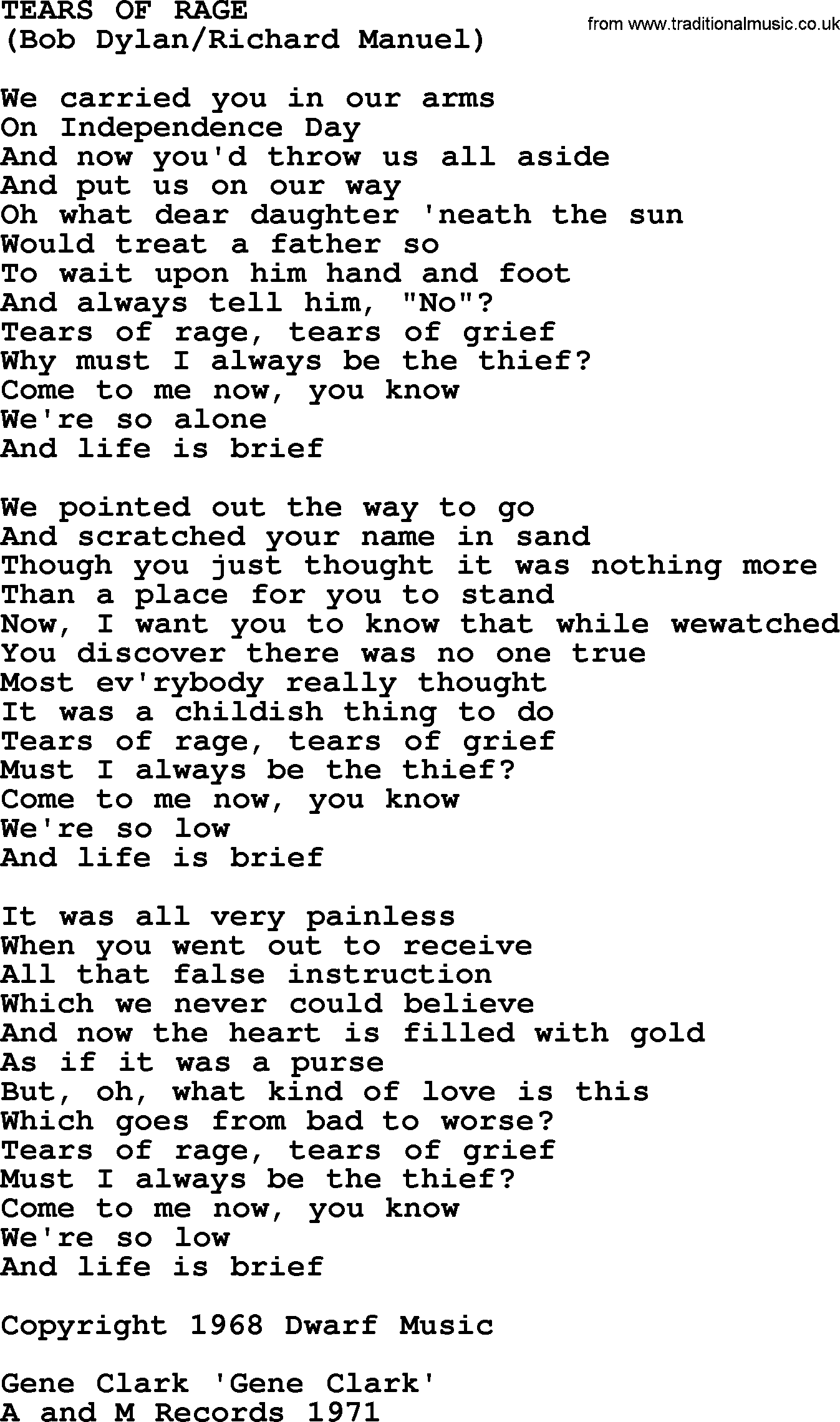 The Byrds song Tears Of Rage, lyrics