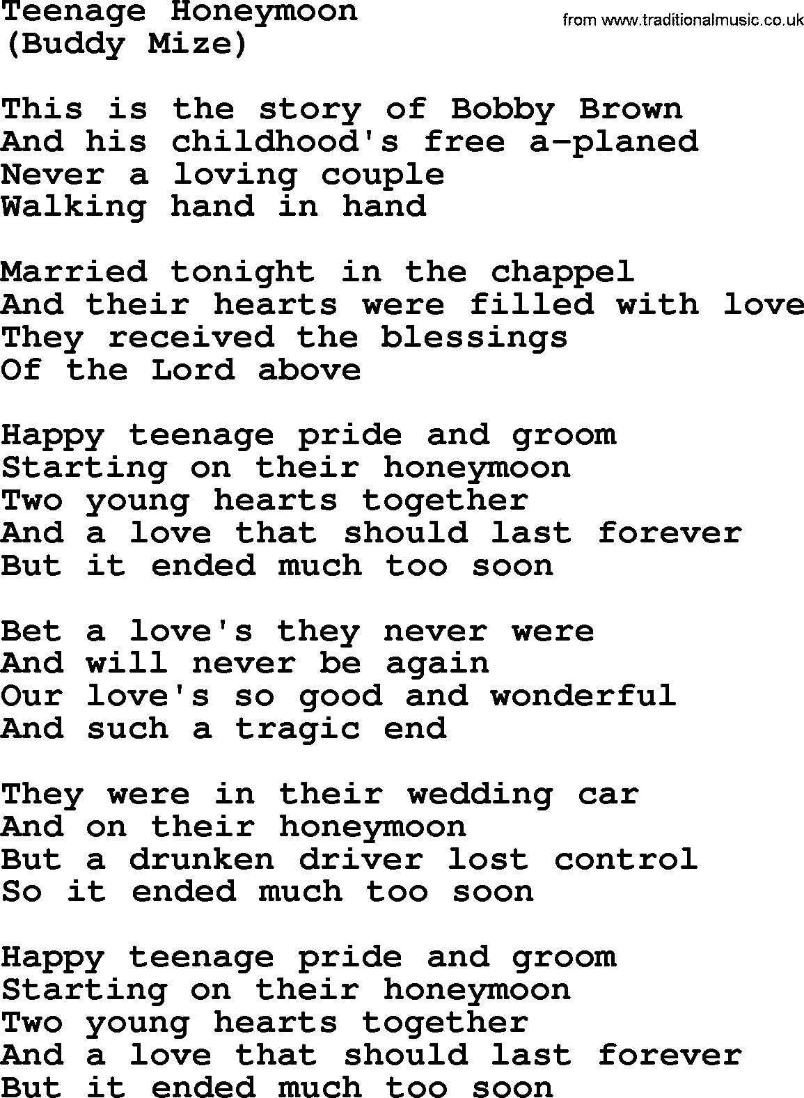 The Byrds song Teenage Honeymoon, lyrics