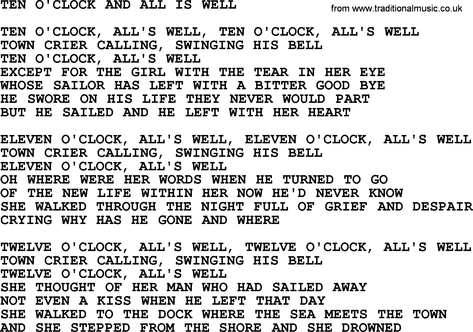 The Byrds song Ten O'clock And All Is Well, lyrics