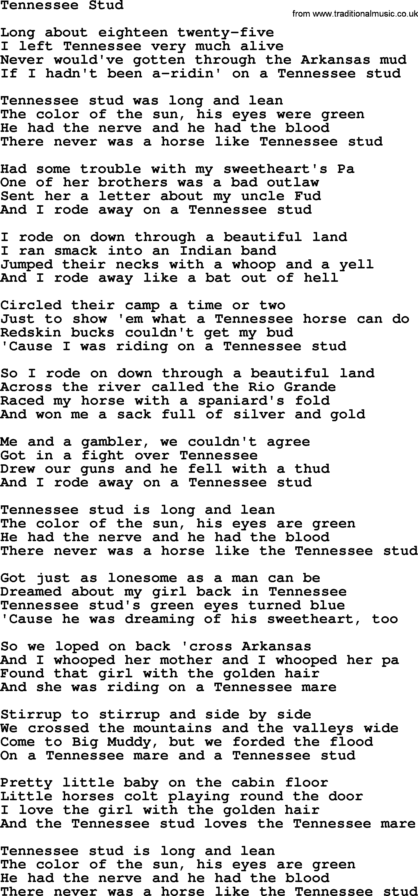 The Byrds song Tennessee Stud, lyrics