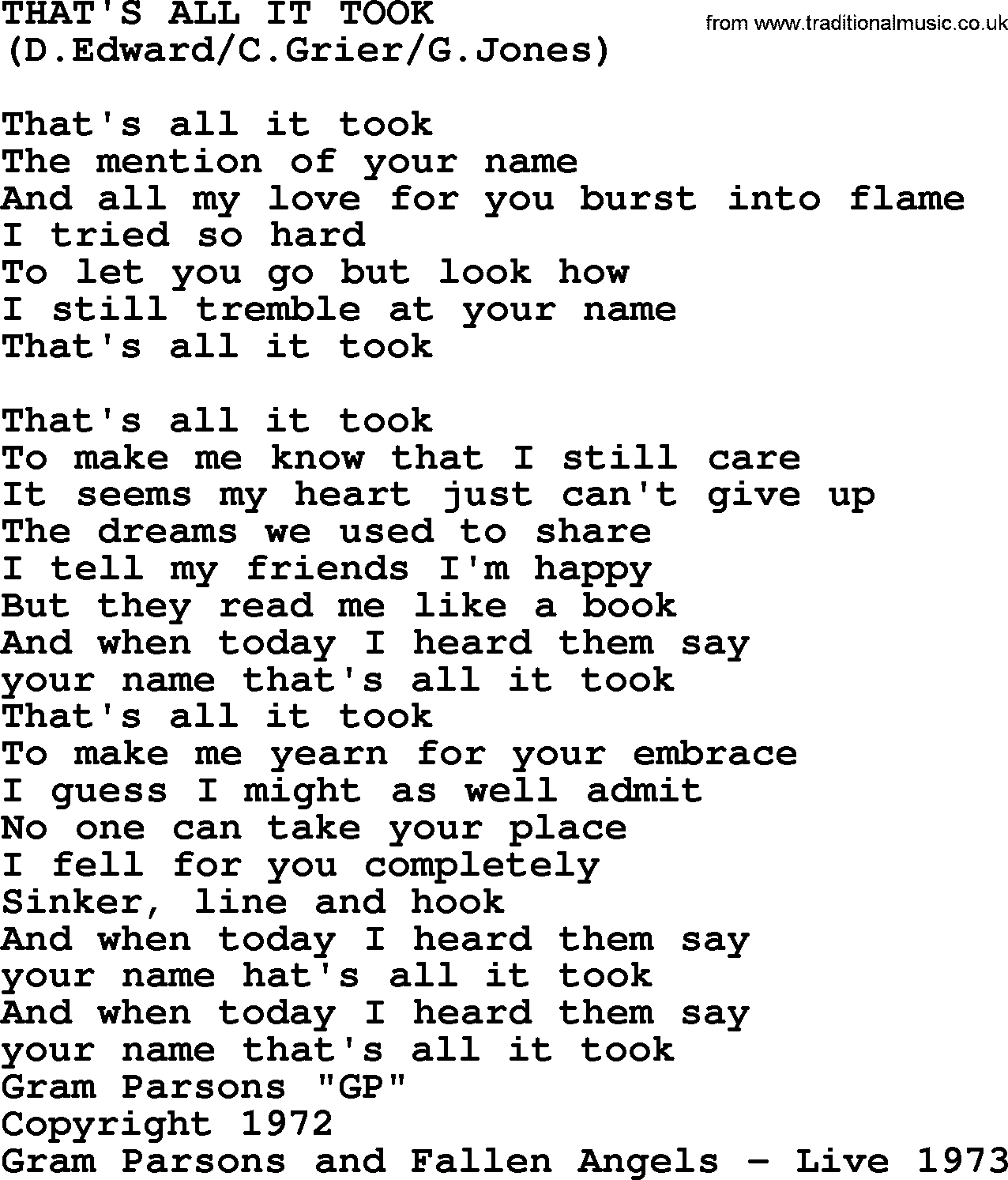 The Byrds song That's All It Took, lyrics