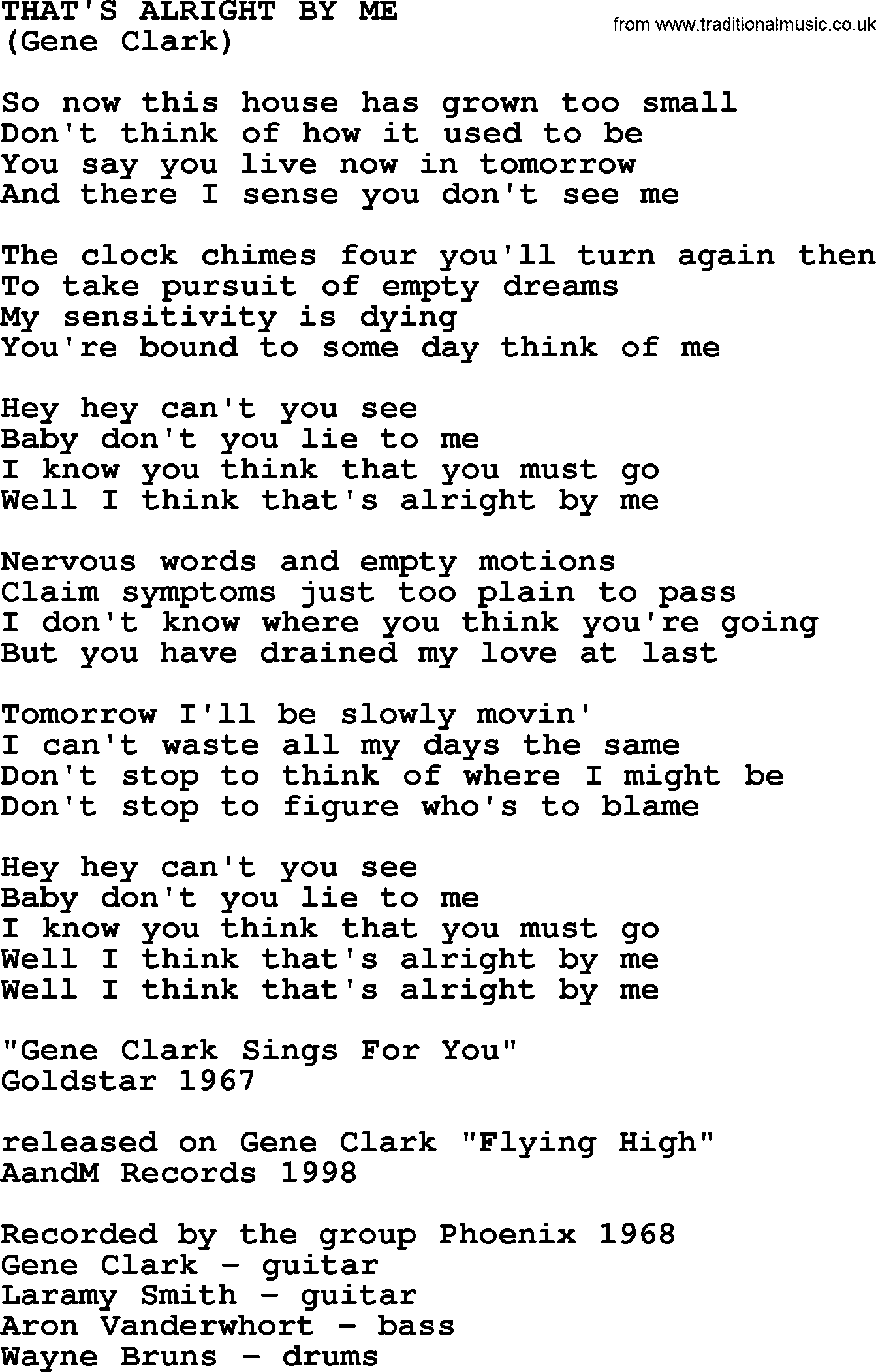 The Byrds song That's Alright By Me, lyrics