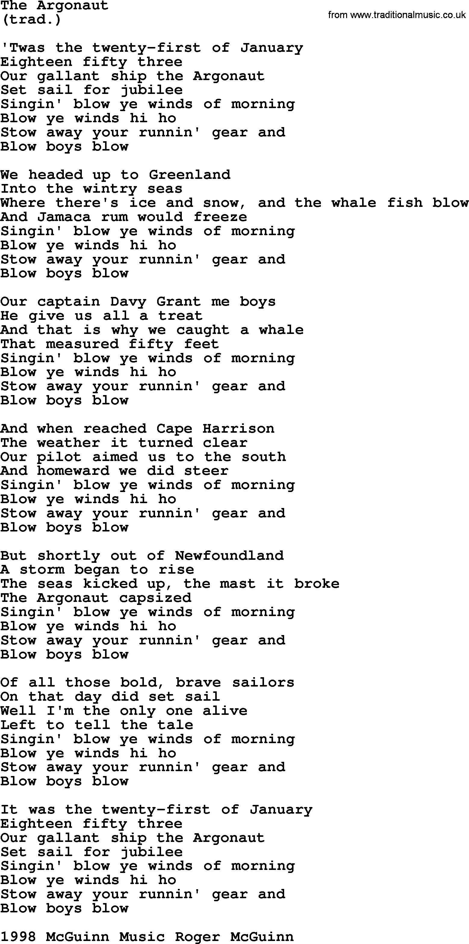 The Byrds song The Argonaut, lyrics