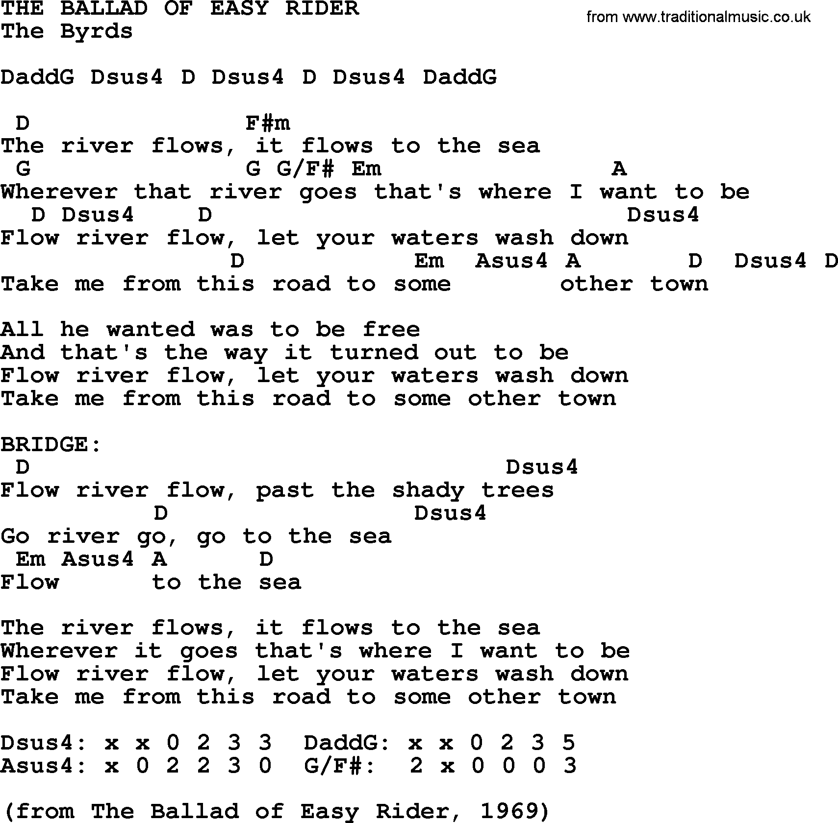 The Byrds song The Ballad Of Easy Rider, lyrics and chords