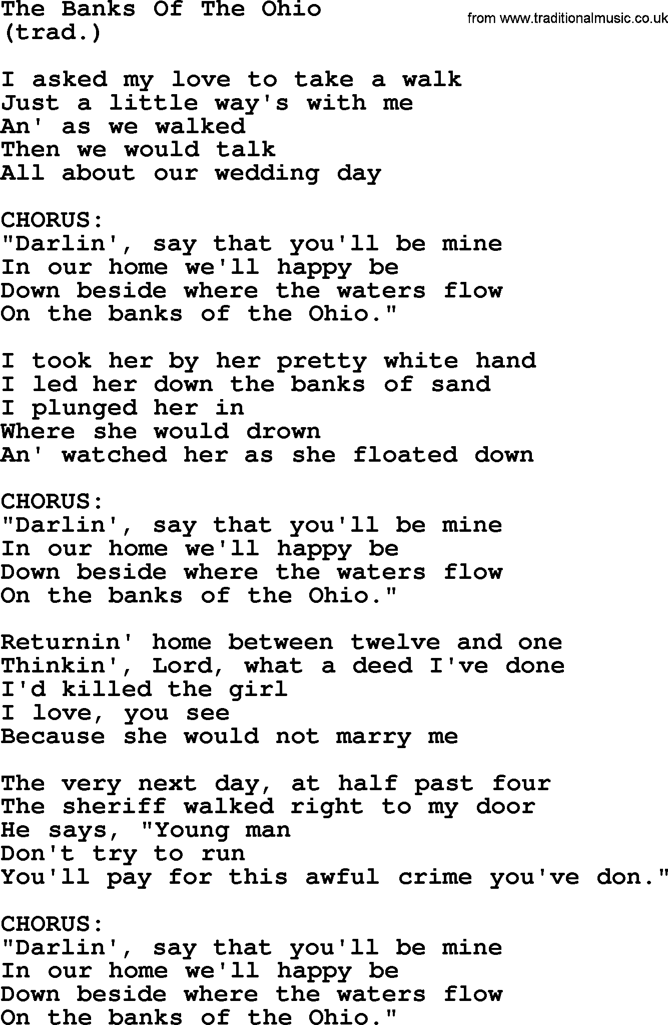 The Byrds song The Banks Of The Ohio, lyrics