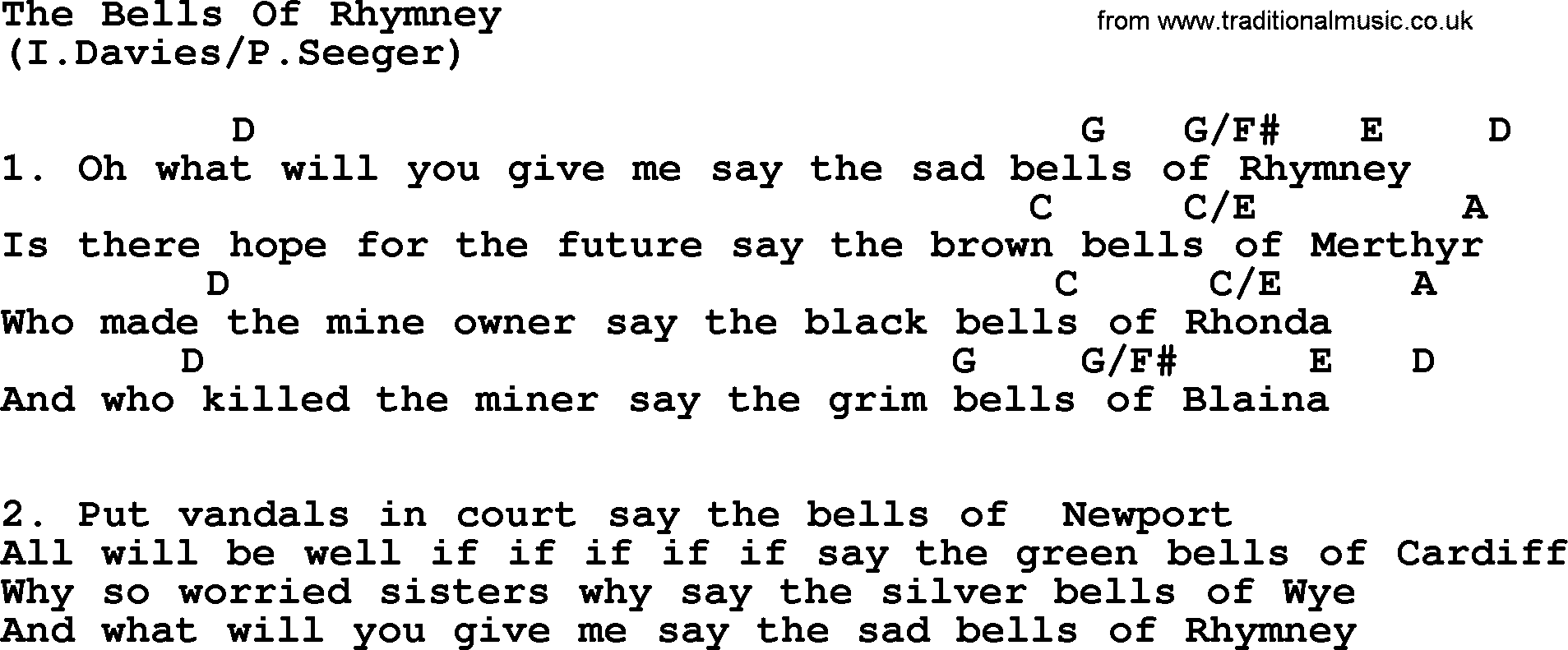 The Byrds song The Bells Of Rhymney, lyrics and chords