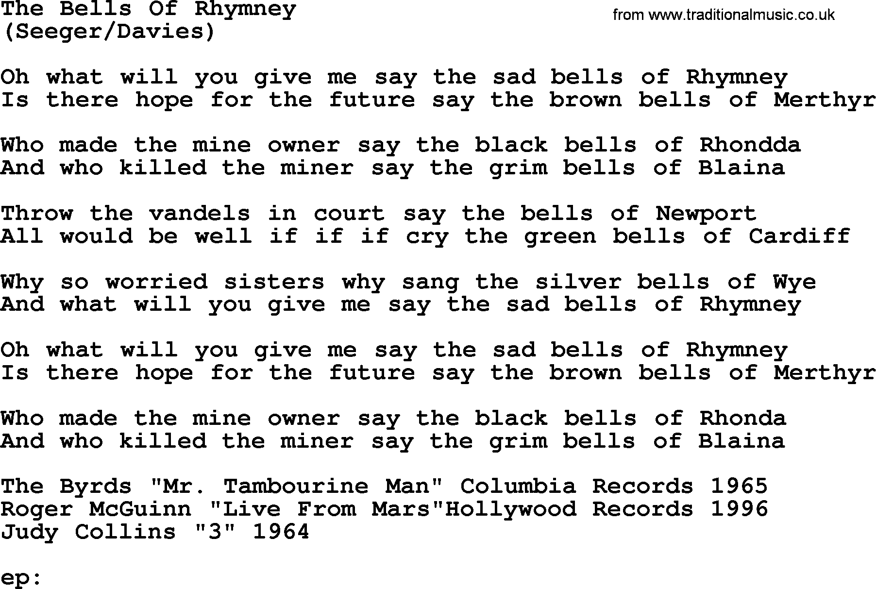 The Byrds song The Bells Of Rhymney, lyrics