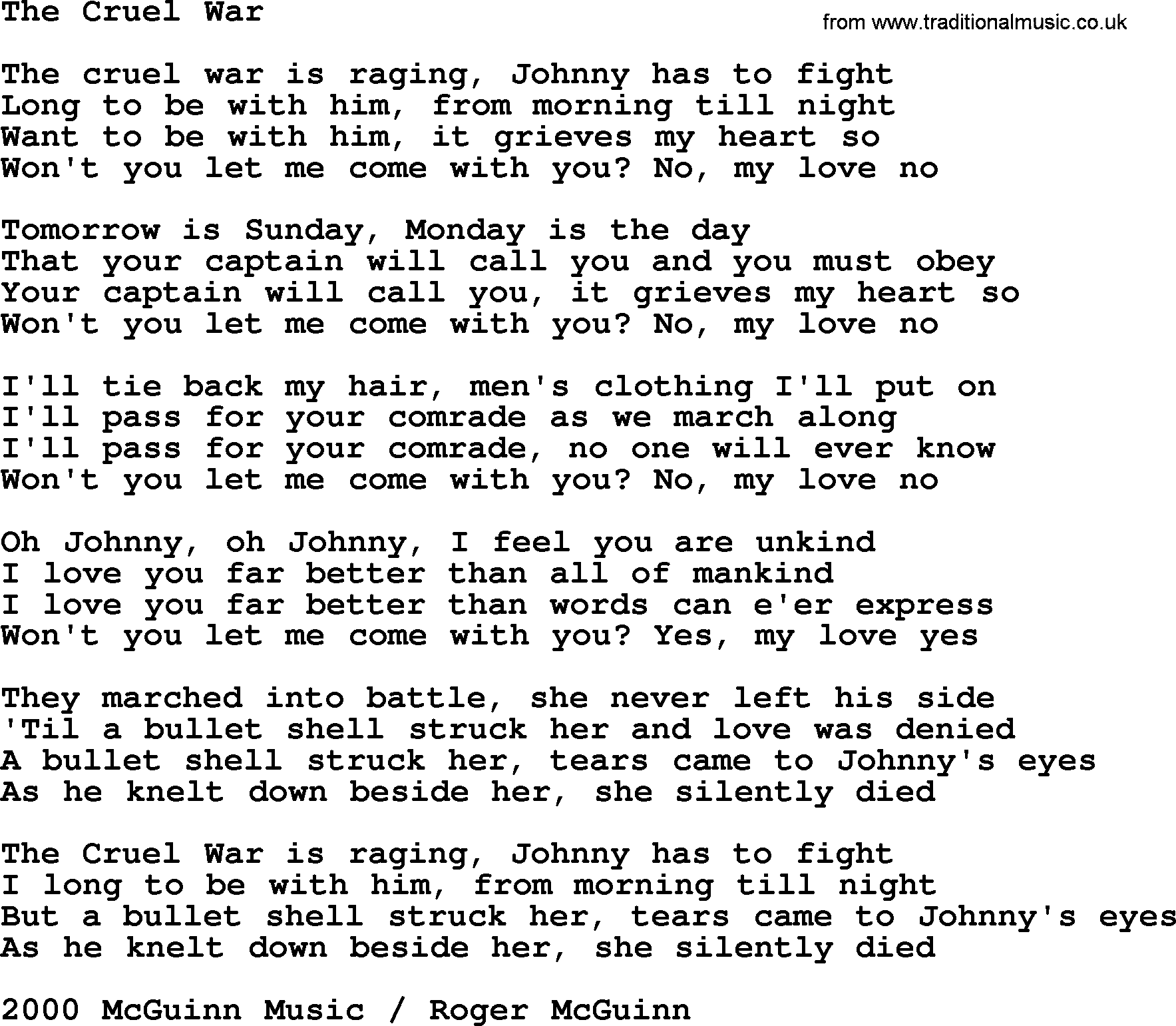 The Byrds song The Cruel War, lyrics