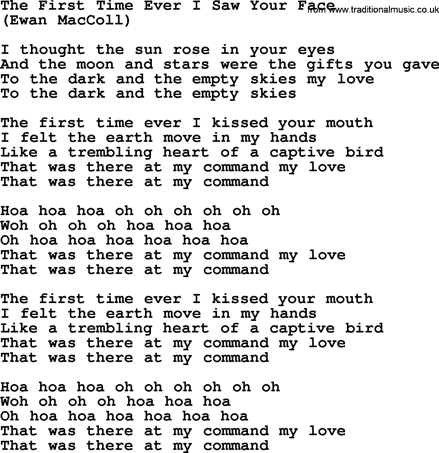 The Byrds song The First Time Ever I Saw Your Face, lyrics