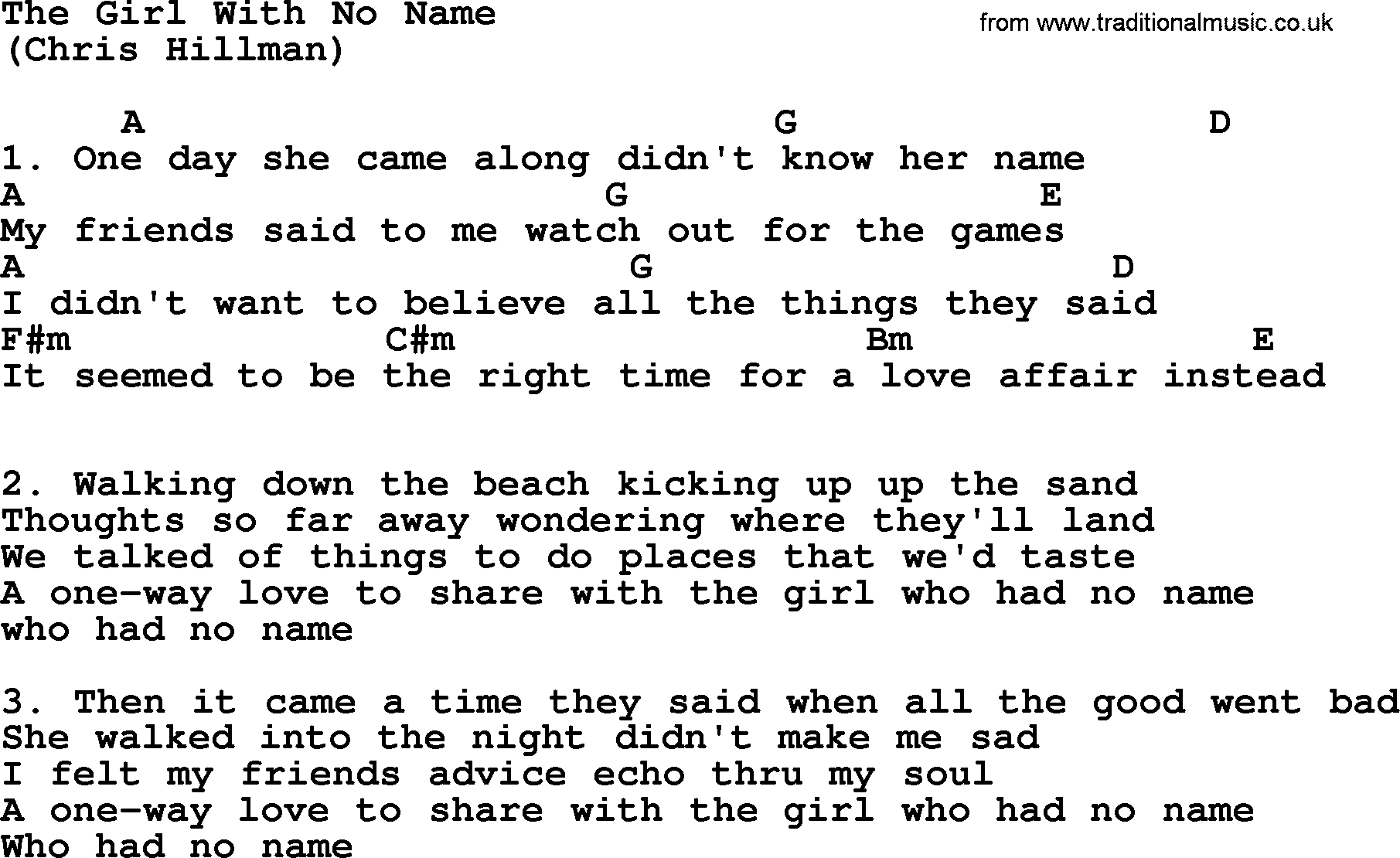 The Byrds song The Girl With No Name, lyrics and chords