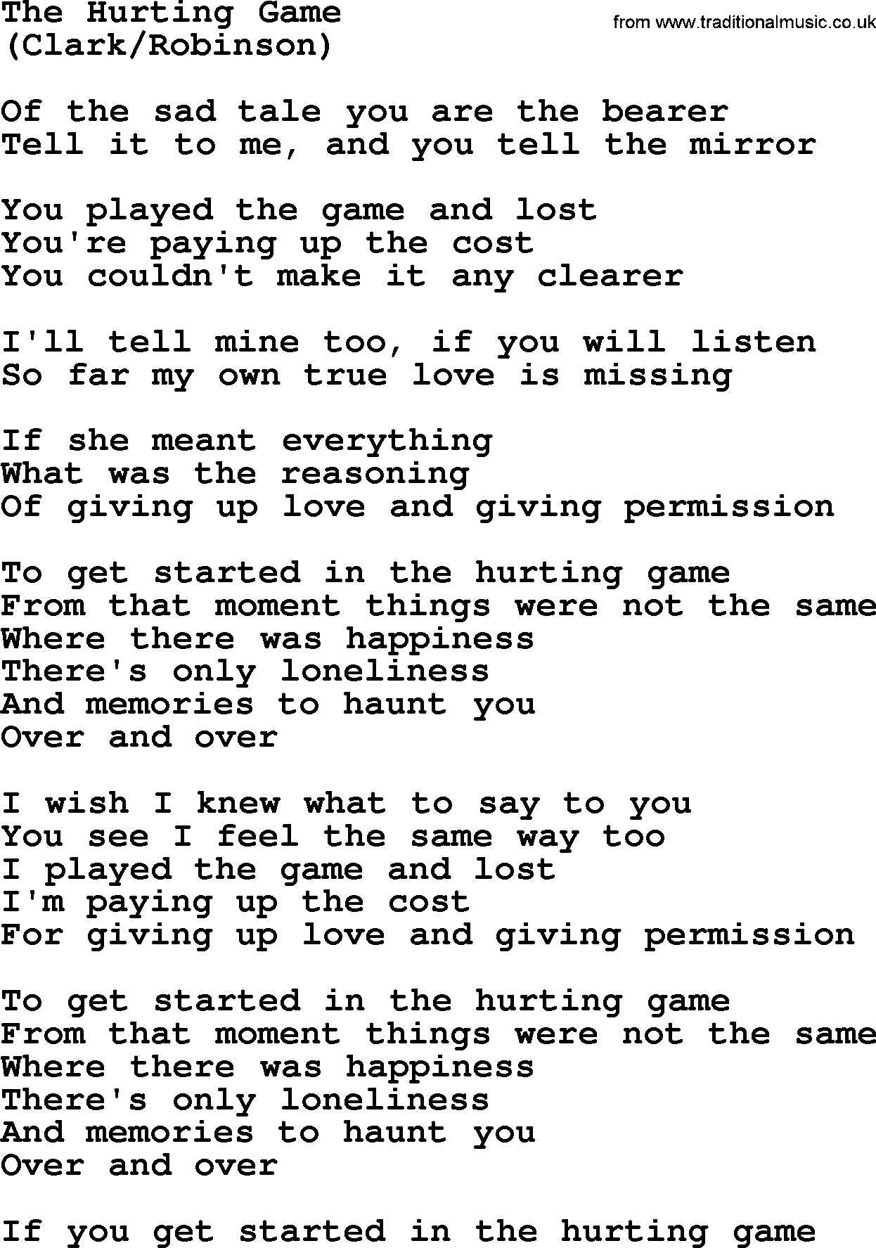 The Byrds song The Hurting Game, lyrics