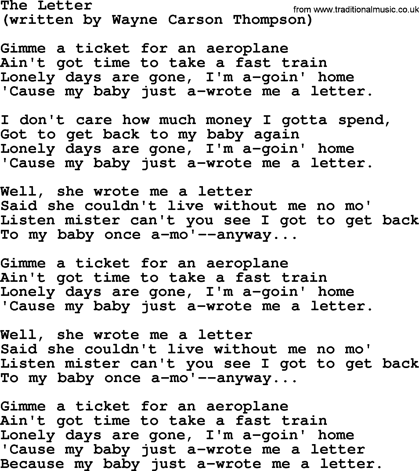 The Byrds song The Letter, lyrics