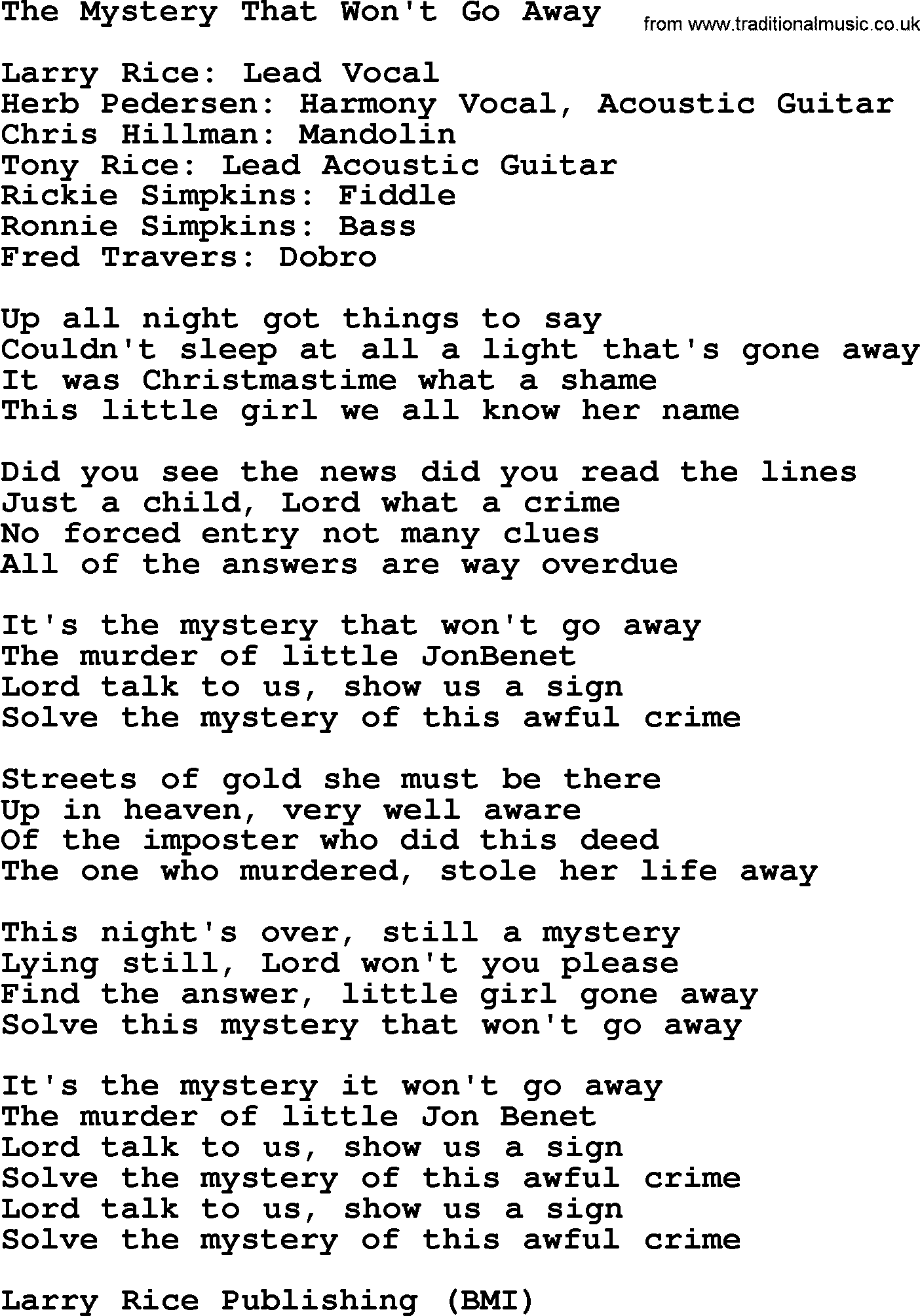 The Byrds song The Mystery That Won't Go Away, lyrics