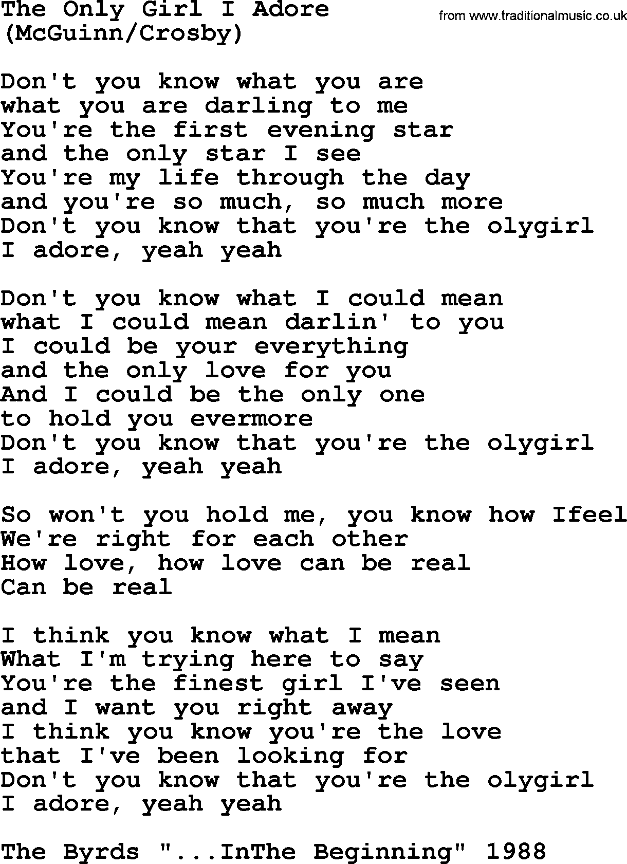 The Byrds song The Only Girl I Adore, lyrics