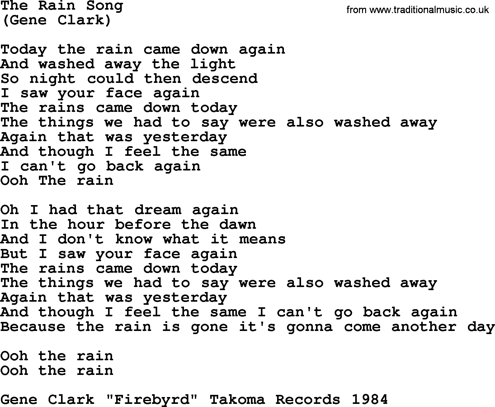 The Byrds song The Rain Song, lyrics