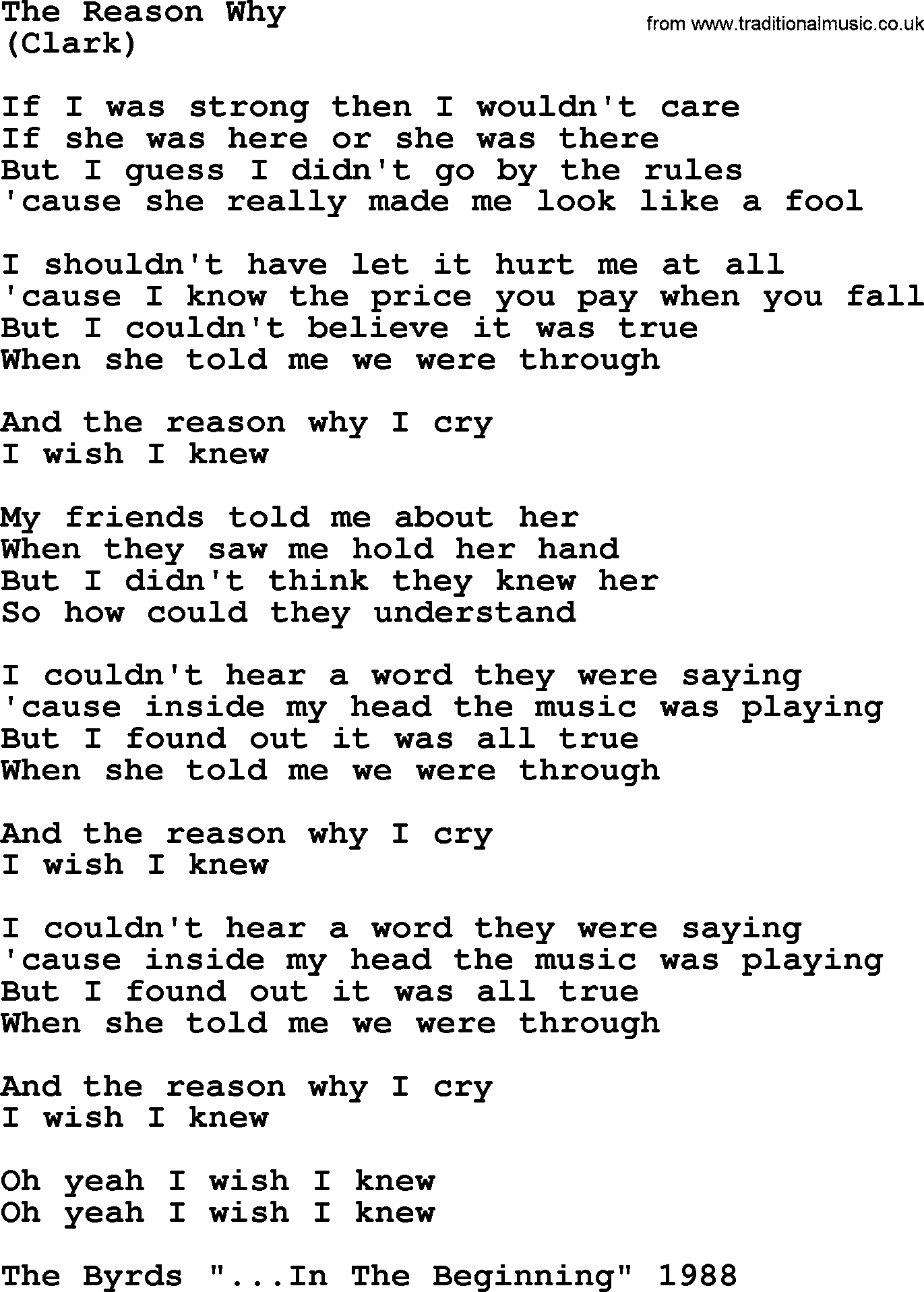 The Byrds song The Reason Why, lyrics