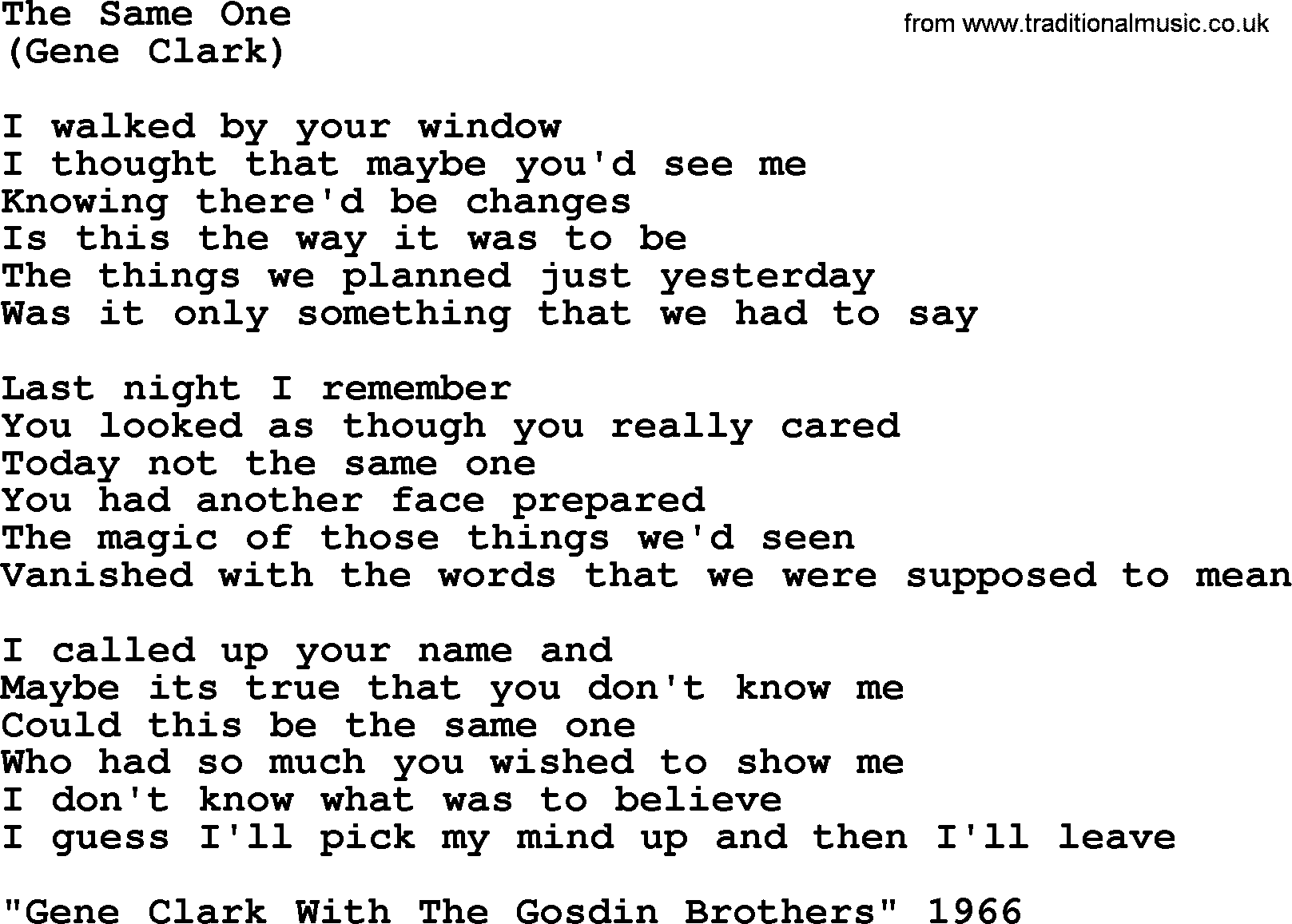 The Byrds song The Same One, lyrics
