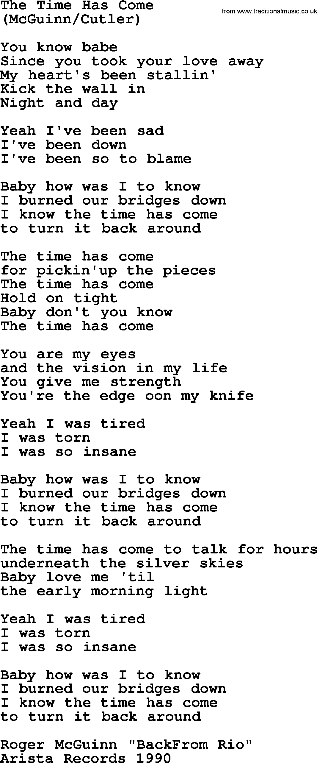 The Byrds song The Time Has Come, lyrics
