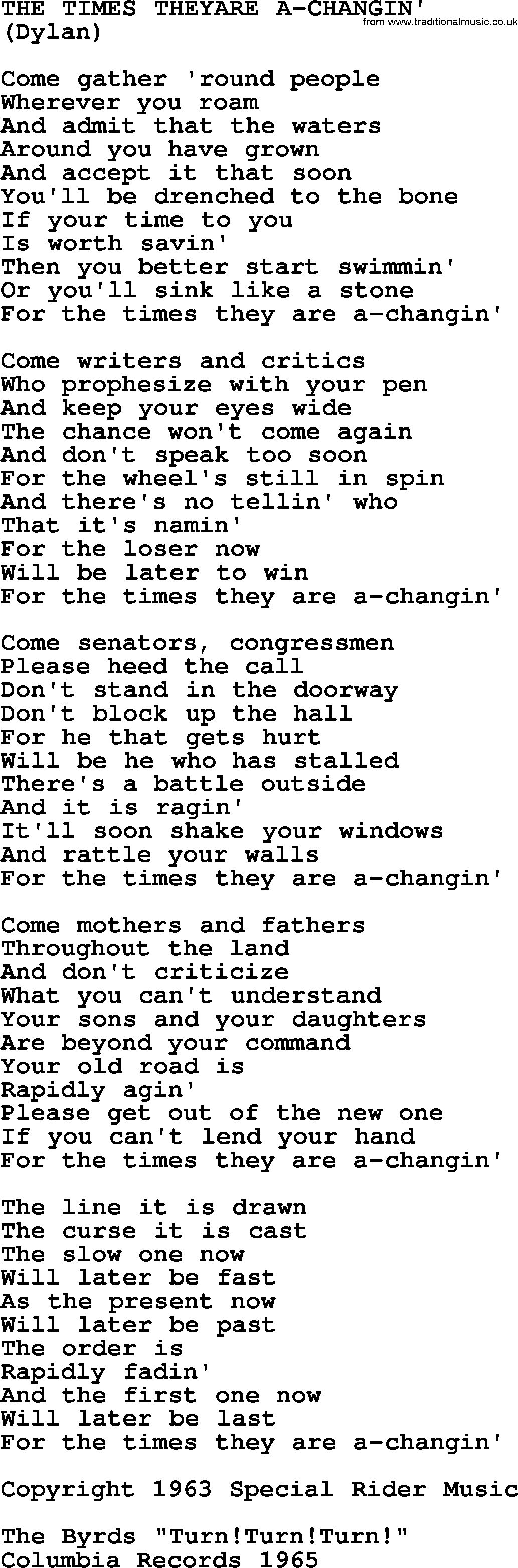 The Byrds song The Times Theyare A Changin', lyrics