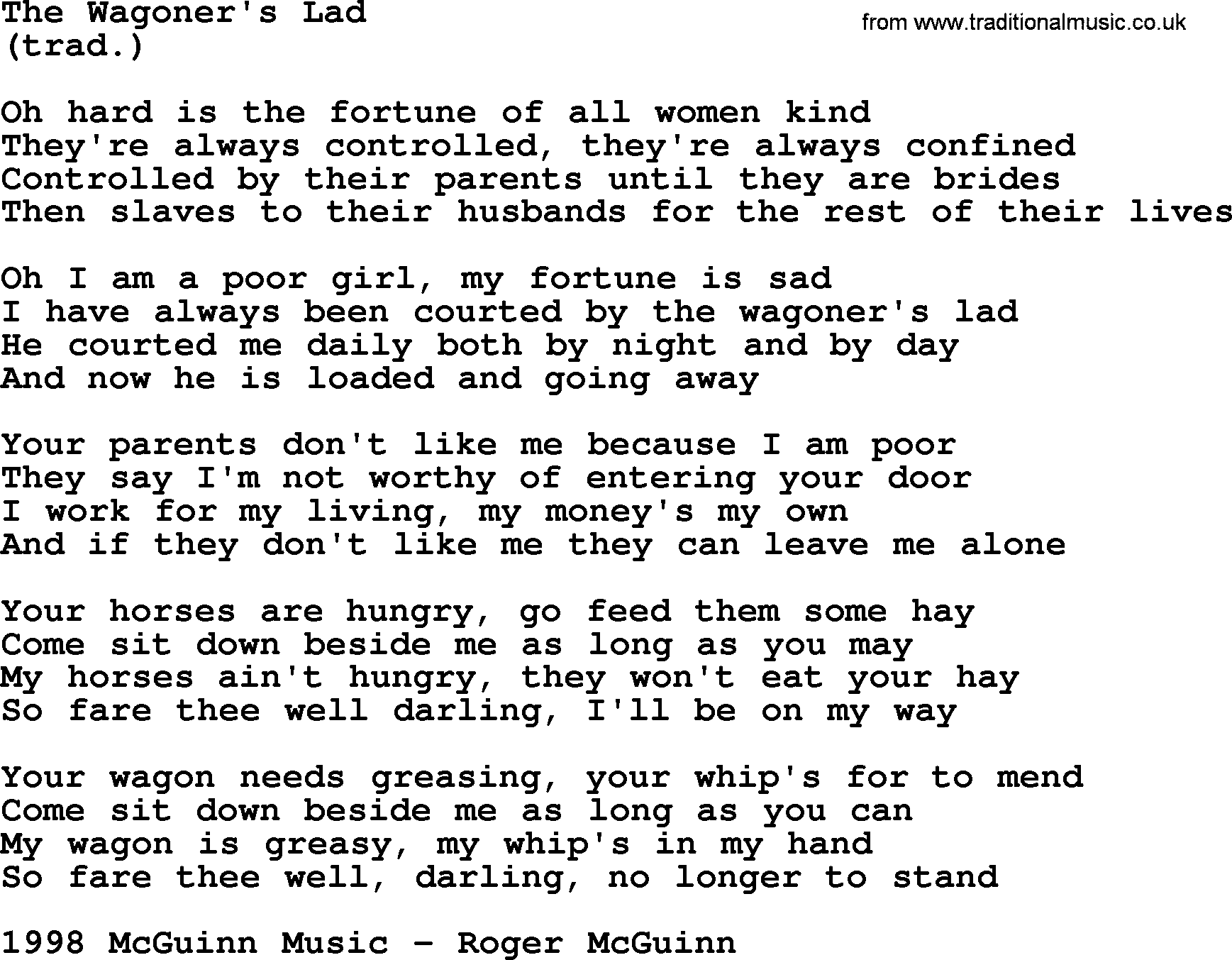 The Byrds song The Wagoner's Lad, lyrics
