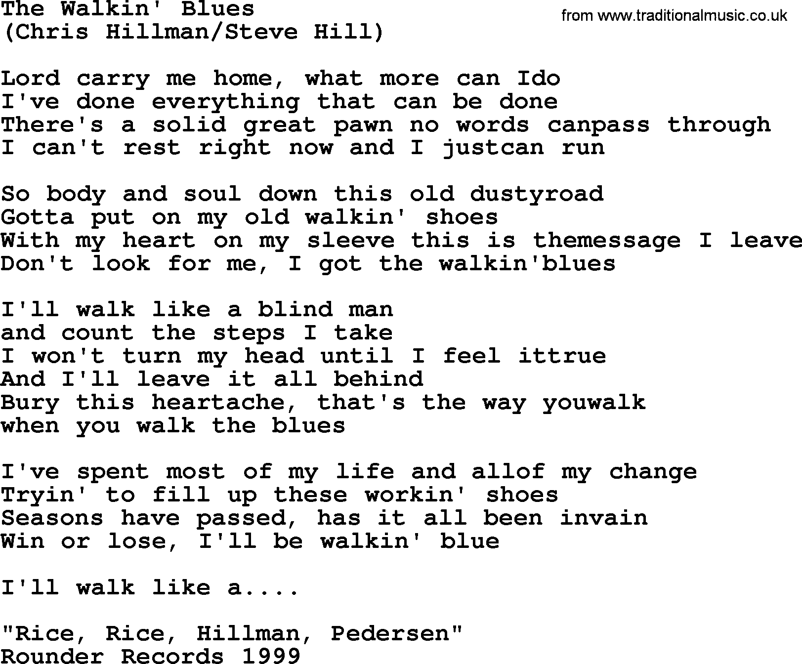 The Byrds song The Walkin' Blues, lyrics