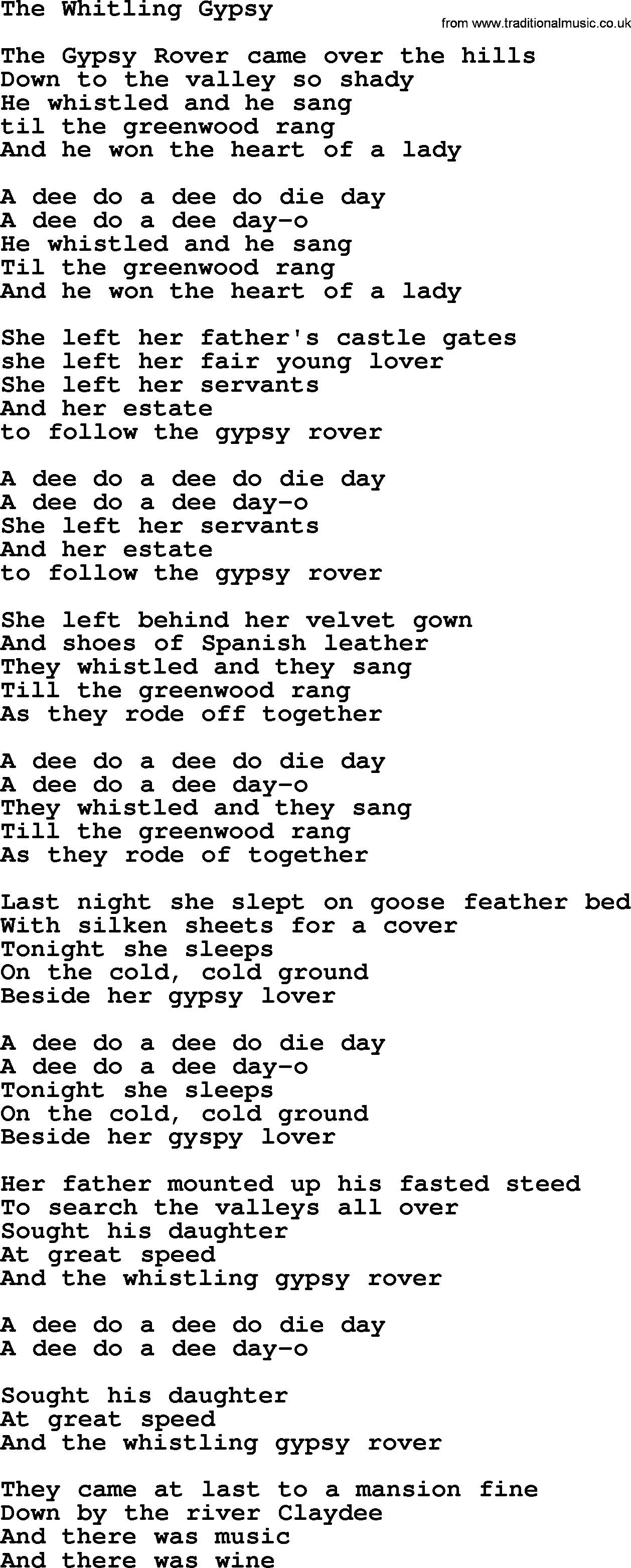 The Byrds song The Whitling Gypsy, lyrics