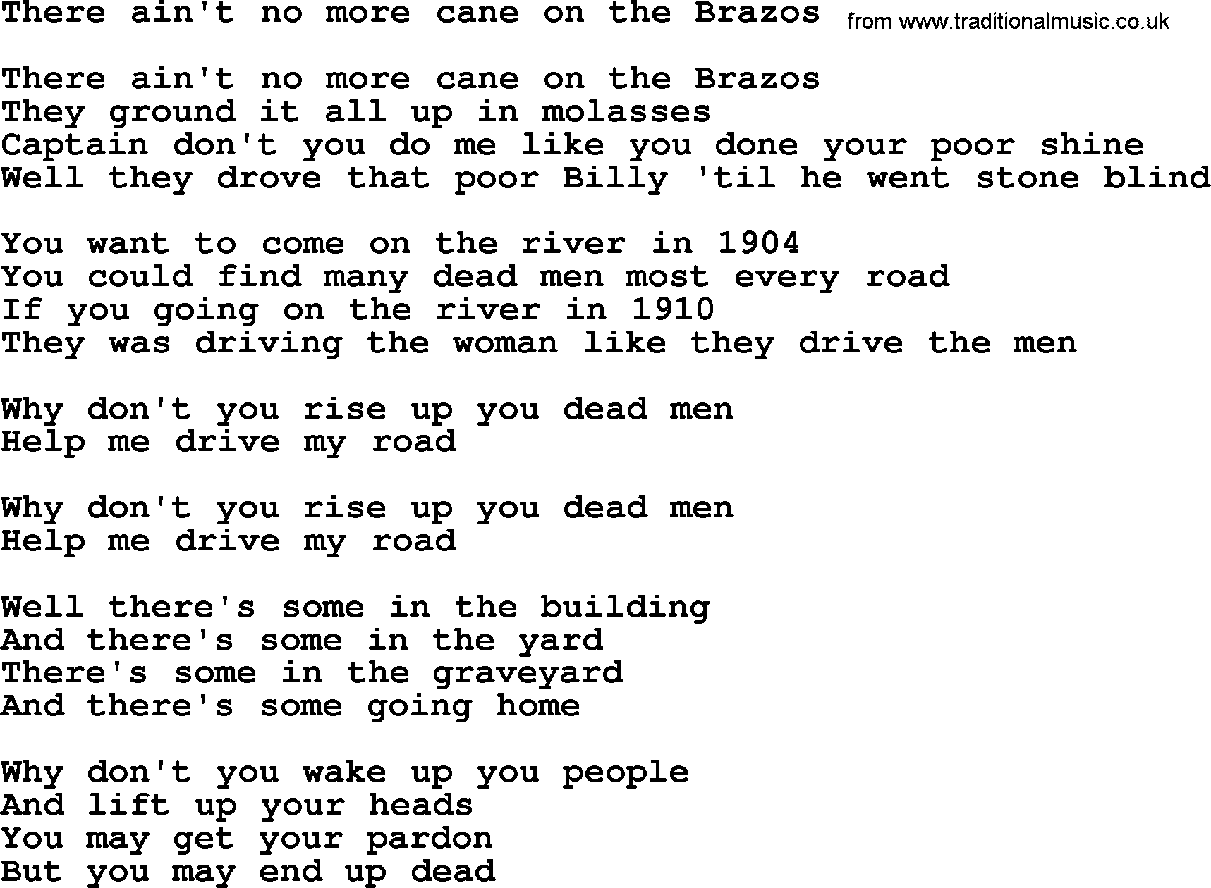 The Byrds song There Ain't No More Cane On The Brazos, lyrics