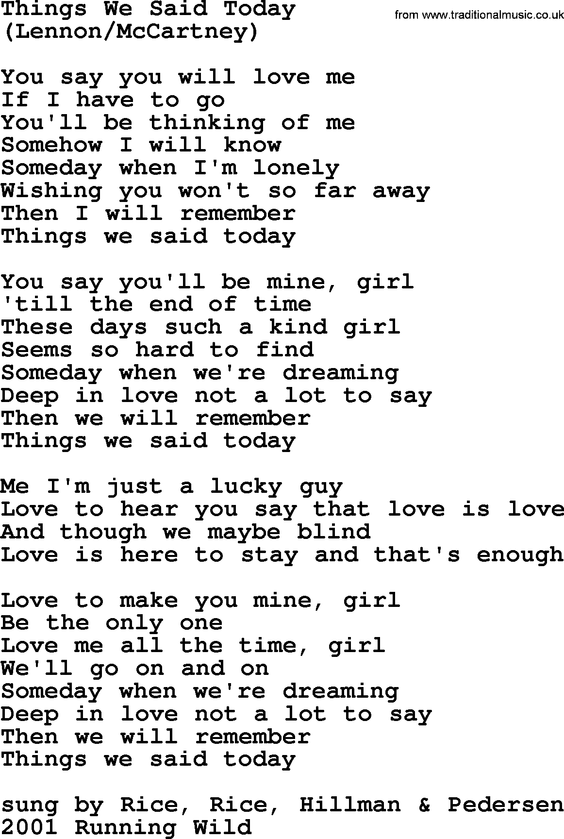The Byrds song Things We Said Today, lyrics