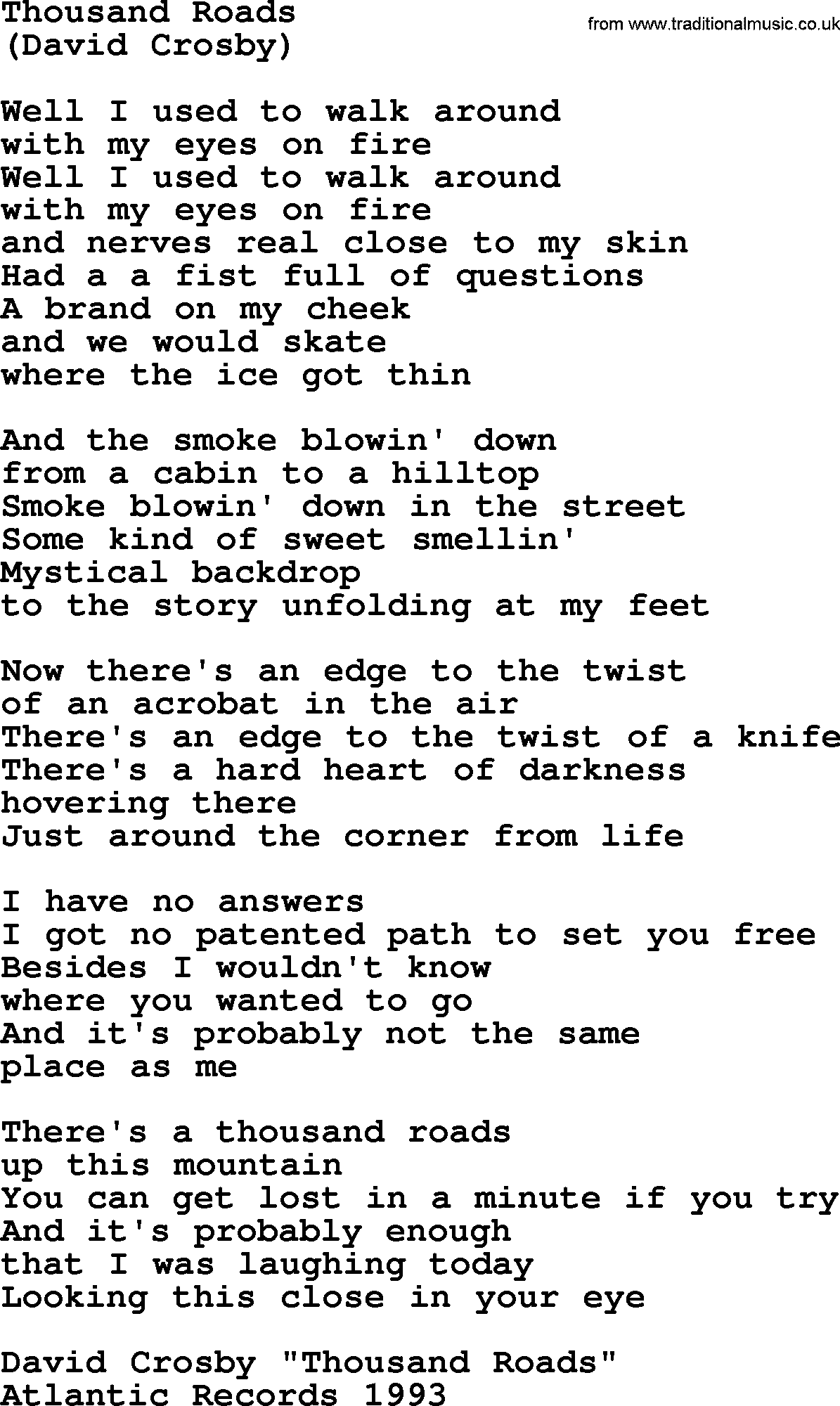 The Byrds song Thousand Roads, lyrics