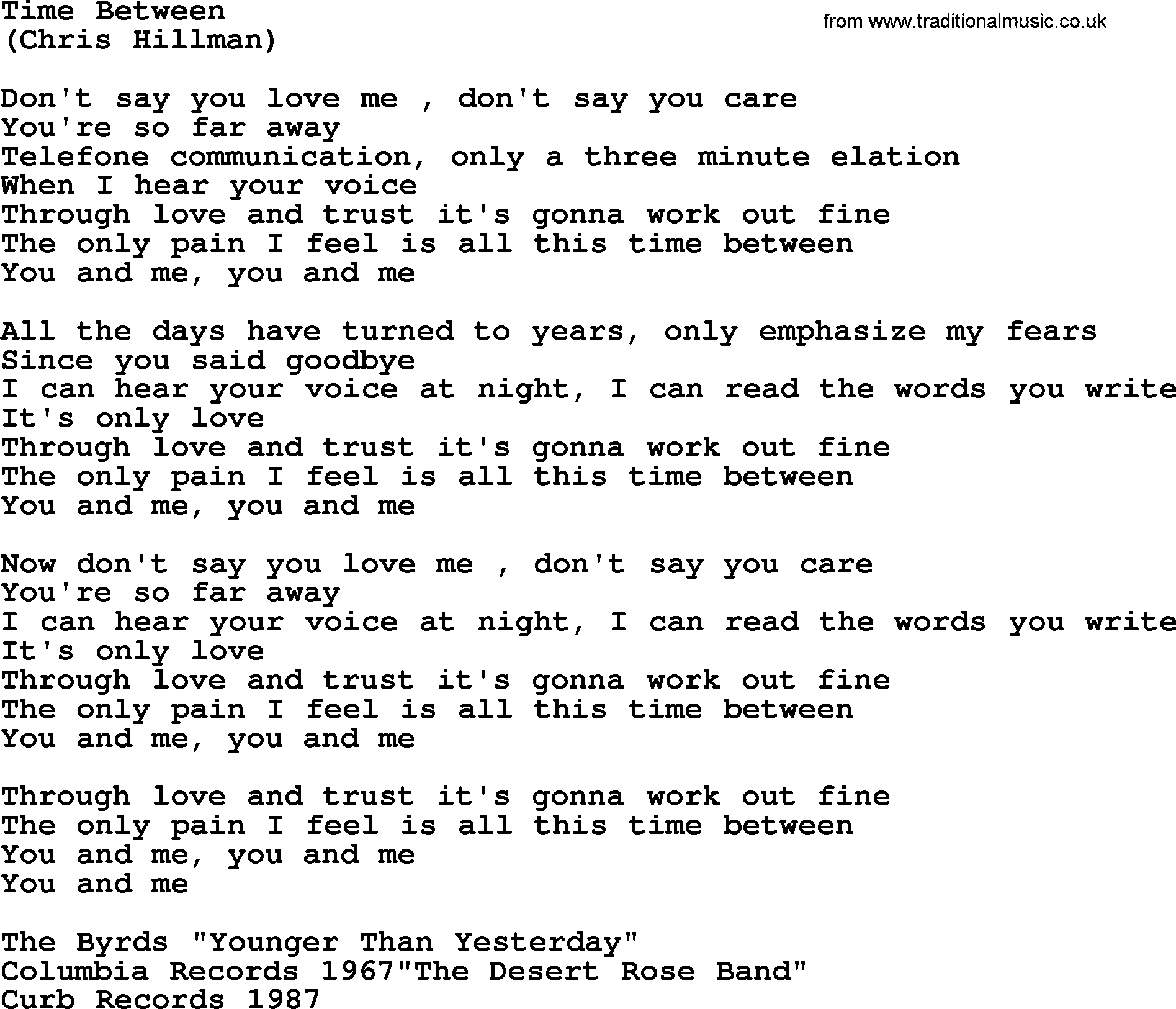 The Byrds song Time Between, lyrics
