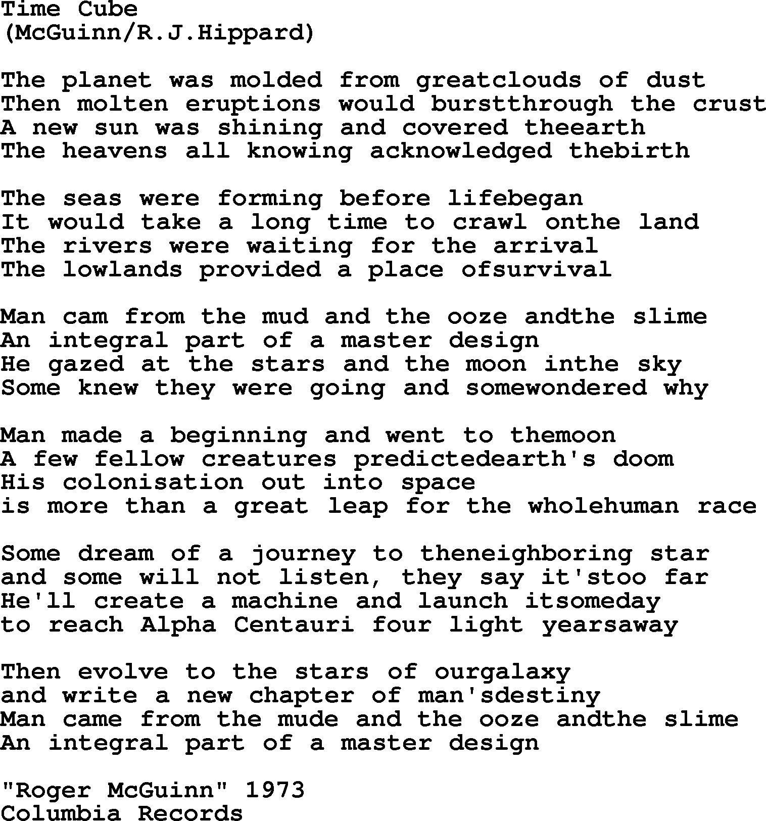 The Byrds song Time Cube, lyrics